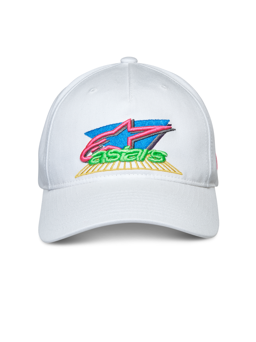 Casquette Alpinestars Vivid, blanche, casquette snapback à visière courbée, broderie de logo colorée en 3D et à plat sur le devant, vêtement de sport décontracté