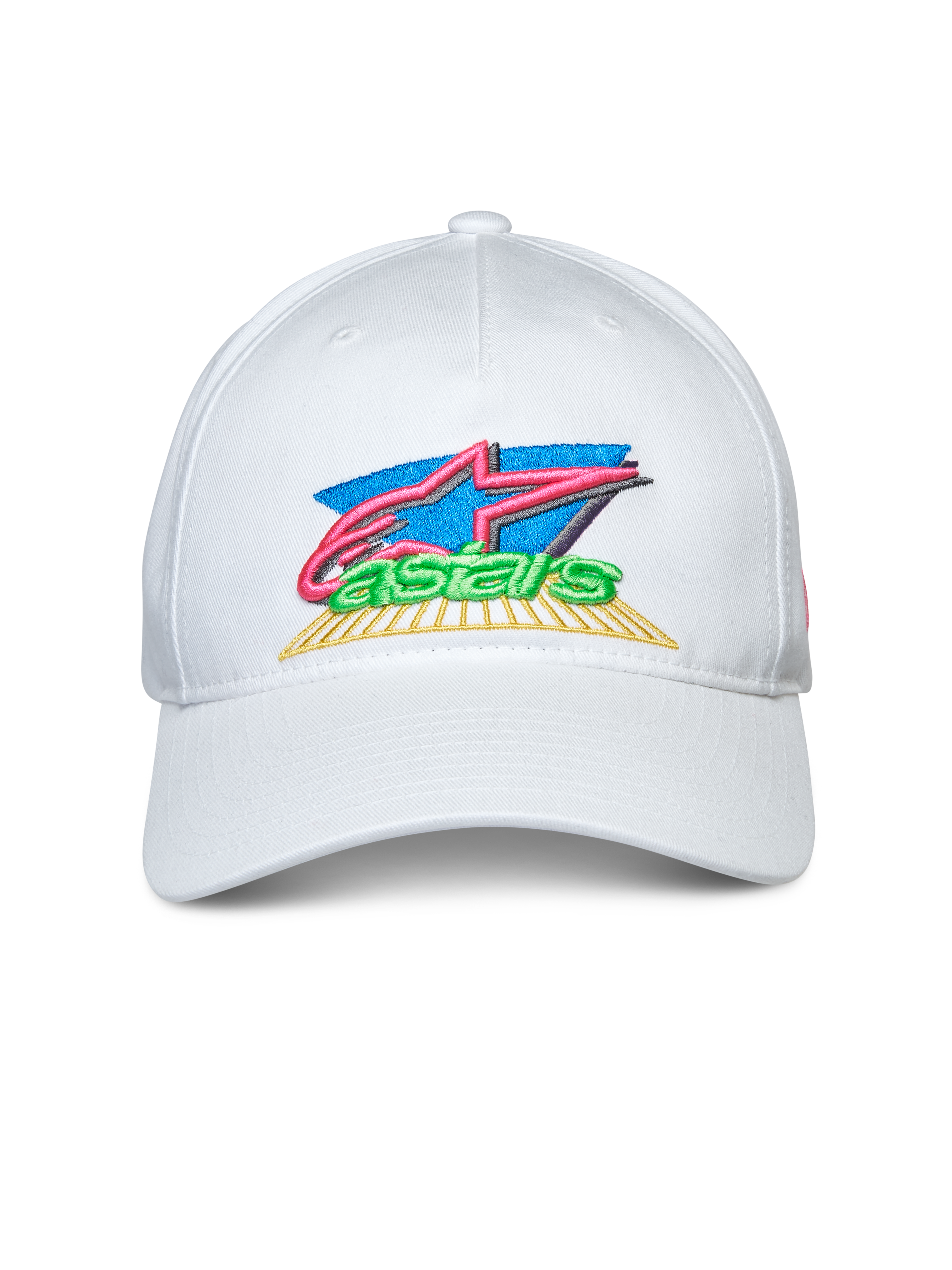 Casquette Alpinestars Vivid, blanche, casquette snapback à visière courbée, broderie de logo colorée en 3D et à plat sur le devant, vêtement de sport décontracté