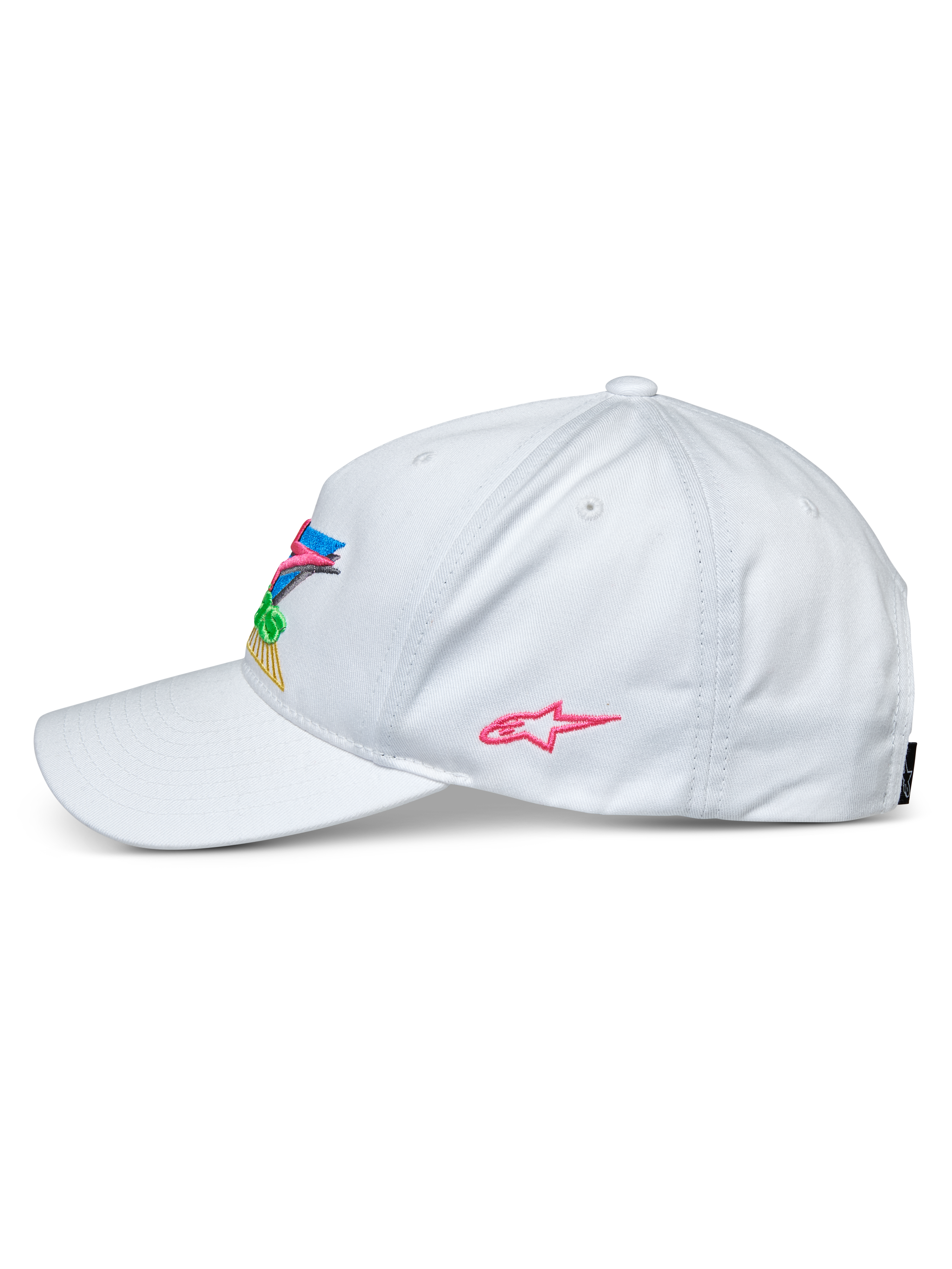 Casquette Alpinestars Vivid, blanche, vue de profil d'une casquette de baseball, visière courbée et couronne basse semi-structurée, avec broderie 3D colorée sur le devant et logo étoile rose sur le côté, accessoire sportswear décontracté