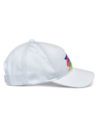 Casquette Alpinestars Vivid, blanche, vue de profil, casquette de baseball semi-structurée à couronne basse avec visière courbée, tissu en sergé de coton, broderie multicolore vive sur le devant, accessoire sportswear décontracté