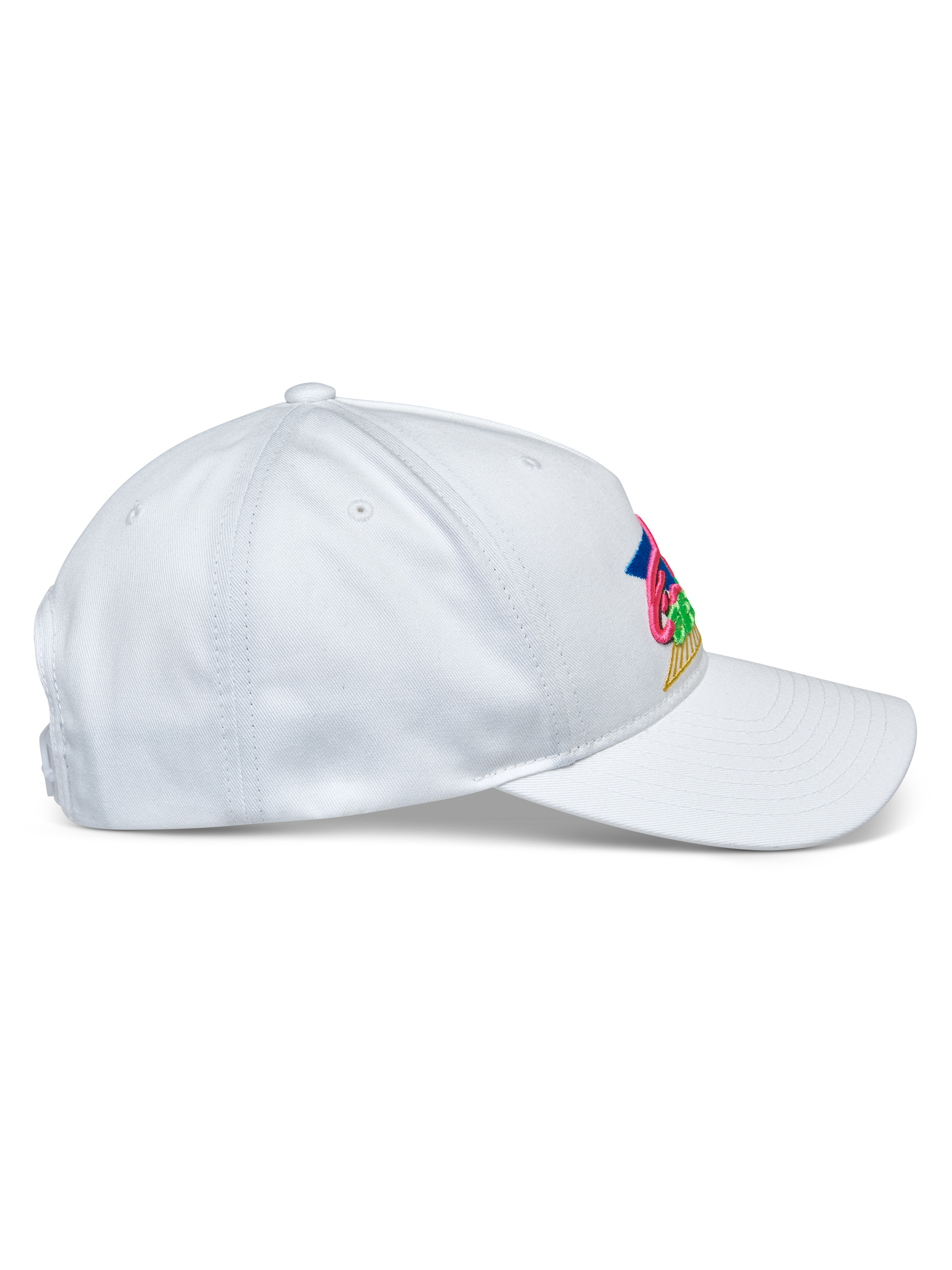 Casquette Alpinestars Vivid, blanche, vue de profil, casquette de baseball semi-structurée à couronne basse avec visière courbée, tissu en sergé de coton, broderie multicolore vive sur le devant, accessoire sportswear décontracté