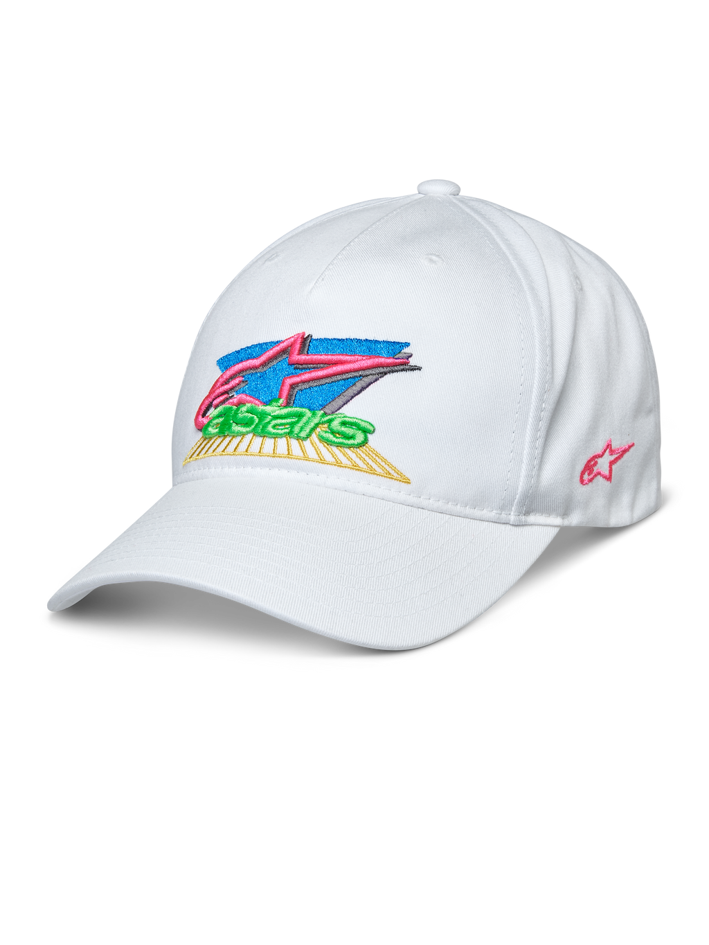 Casquette Vivid Alpinestars, casquette de baseball blanche, logo Astars brodé en 3D coloré avec du rose, du bleu, du vert et du jaune, visière courbée, couronne basse semi-structurée, sportswear décontracté