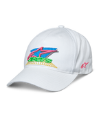 Casquette Vivid Alpinestars, casquette de baseball blanche, logo Astars brodé en 3D coloré avec du rose, du bleu, du vert et du jaune, visière courbée, couronne basse semi-structurée, sportswear décontracté