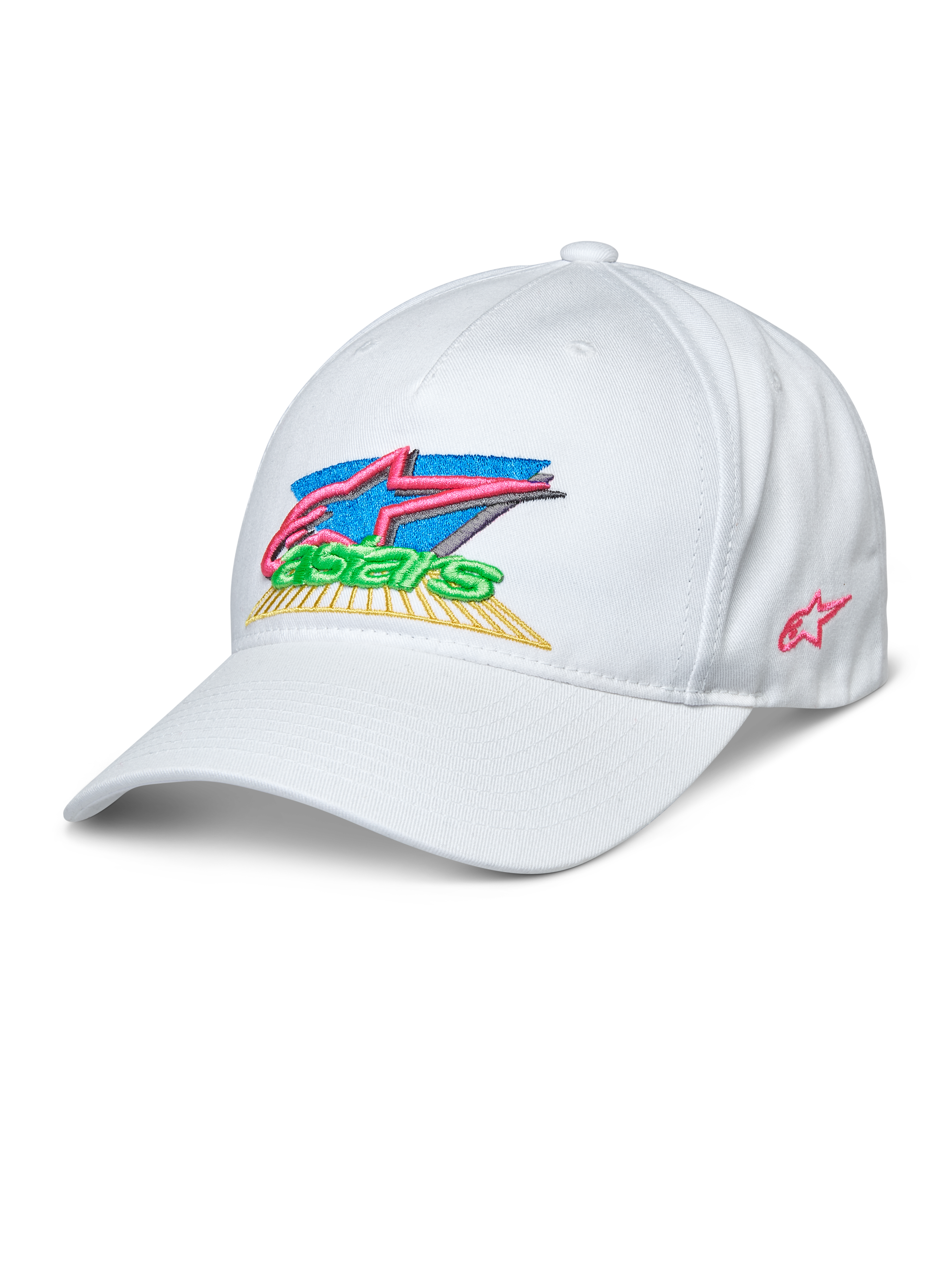 Casquette Vivid Alpinestars, casquette de baseball blanche, logo Astars brodé en 3D coloré avec du rose, du bleu, du vert et du jaune, visière courbée, couronne basse semi-structurée, sportswear décontracté