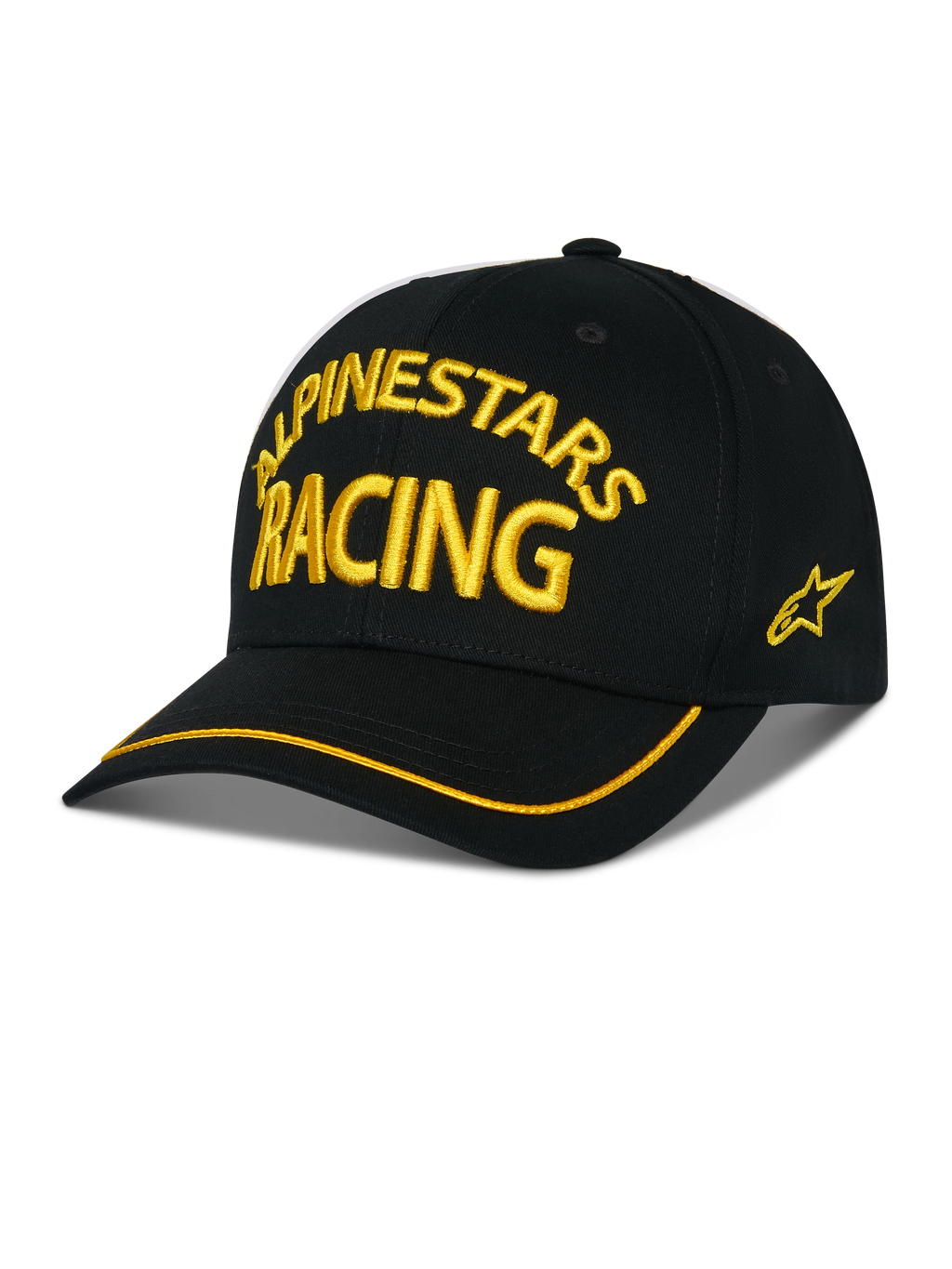 Casquette Alpinestars Luminary, casquette de baseball noire, broderie 3D jaune ALPINESTARS RACING, visière courbée avec liseré jaune, logo étoile sur le côté, style streetwear décontracté motorsport
