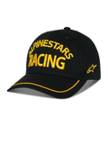 Casquette Alpinestars Luminary, casquette de baseball noire, broderie 3D jaune ALPINESTARS RACING, visière courbée avec liseré jaune, logo étoile sur le côté, style streetwear décontracté motorsport