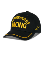 Casquette Alpinestars Luminary, casquette de baseball noire, broderie 3D jaune ALPINESTARS RACING, visière courbée avec liseré jaune, logo étoile sur le côté, style streetwear décontracté motorsport