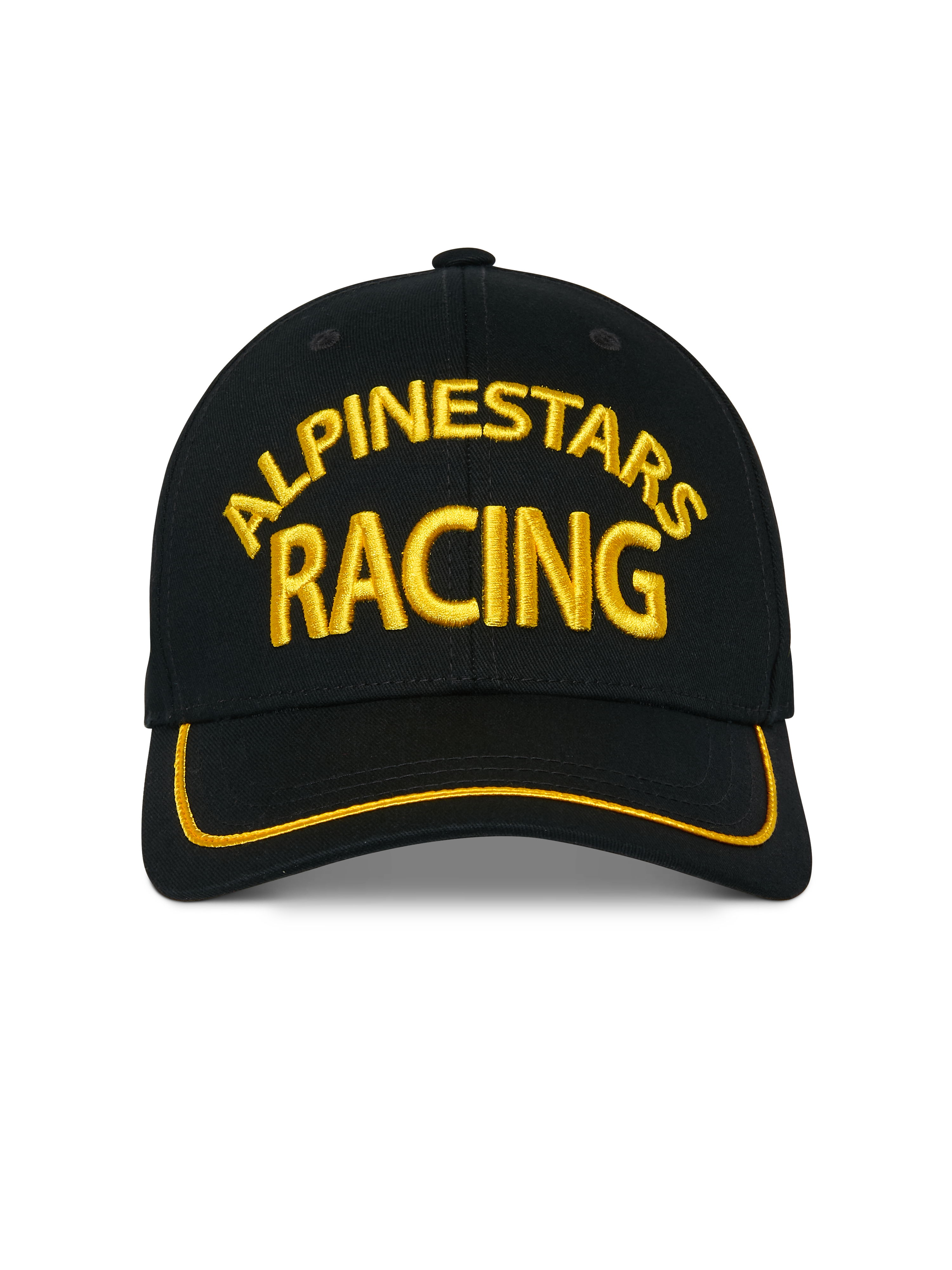 Casquette Alpinestars Luminary, casquette snapback noire, broderie Alpinestars Racing 3D jaune à l'avant, visière incurvée avec liseré sutache jaune, accessoire de sport automobile décontracté