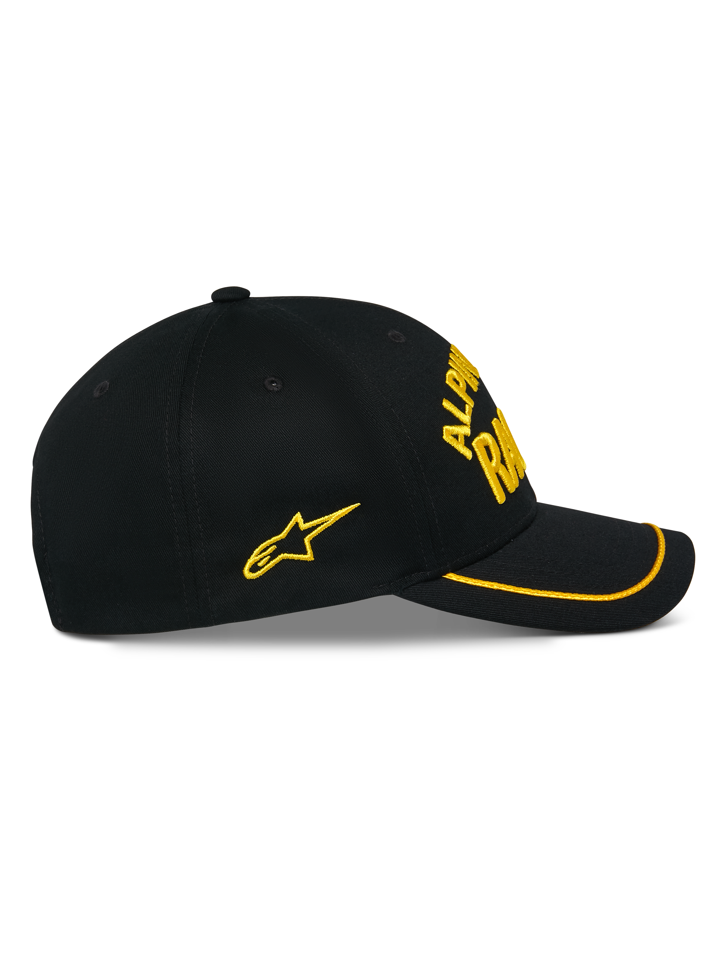 Casquette Alpinestars Luminary, casquette snapback noire, vue de profil, visière incurvée avec finition sutache jaune, logo brodé en 3D et étoile latérale jaunes, sergé 100 % coton, accessoire décontracté inspiré des sports mécaniques