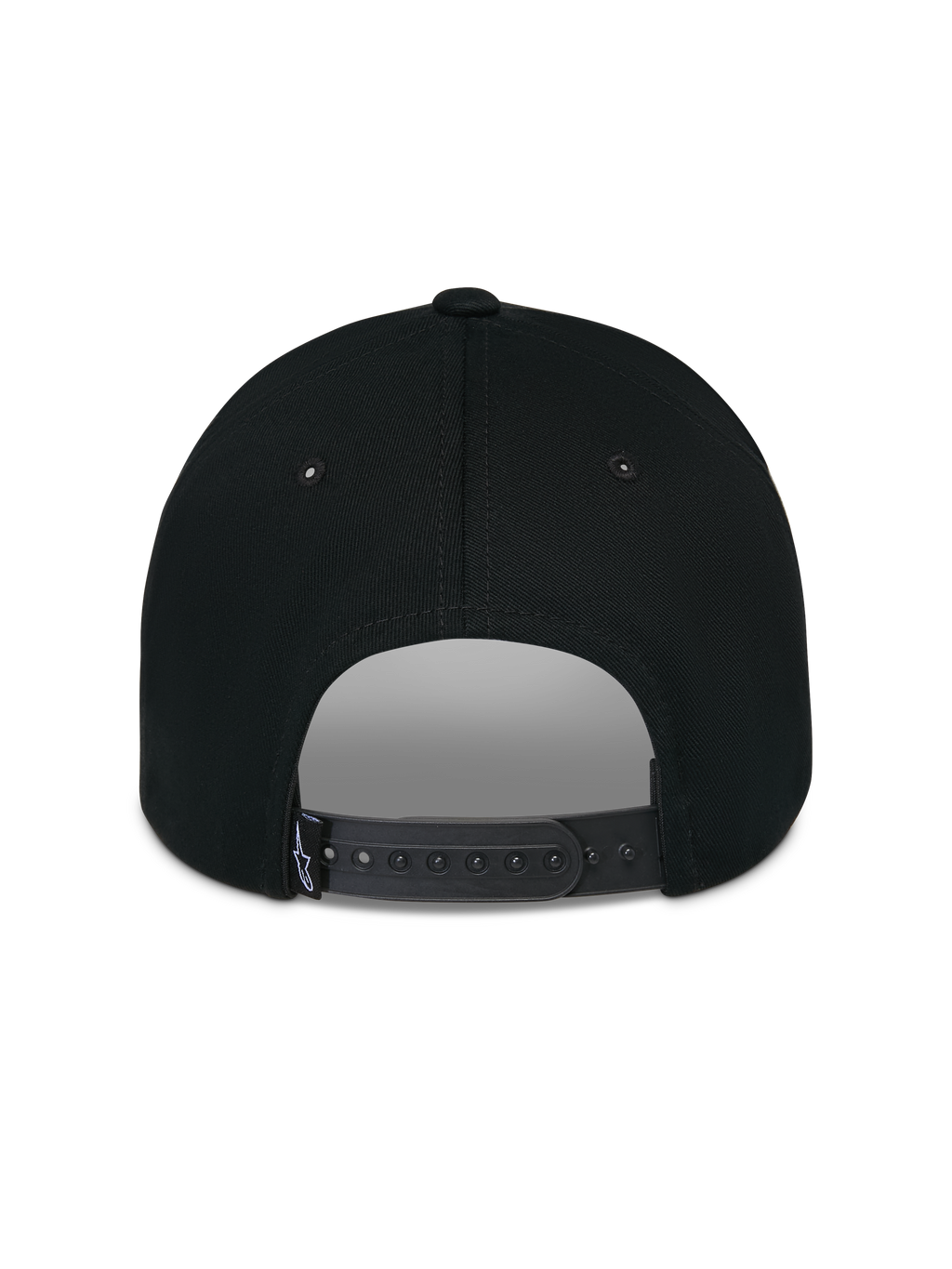 Casquette Alpinestars Luminary, noire, vue arrière montrant la fermeture snapback réglable et une petite étiquette logo tissée, couronne en coton structurée, couvre-chef décontracté inspiré du sport automobile