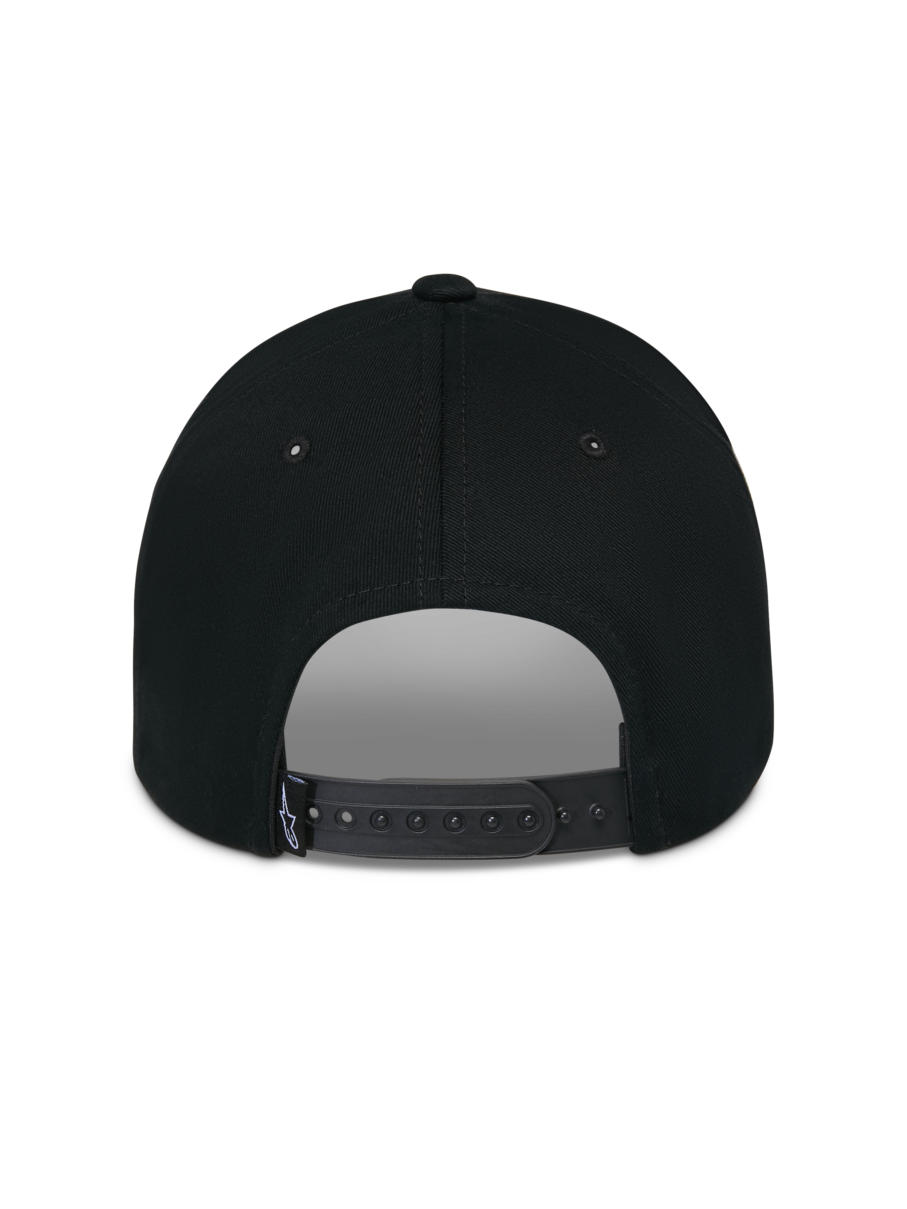 Casquette Alpinestars Luminary, noire, vue arrière montrant la fermeture snapback réglable et une petite étiquette logo tissée, couronne en coton structurée, couvre-chef décontracté inspiré du sport automobile