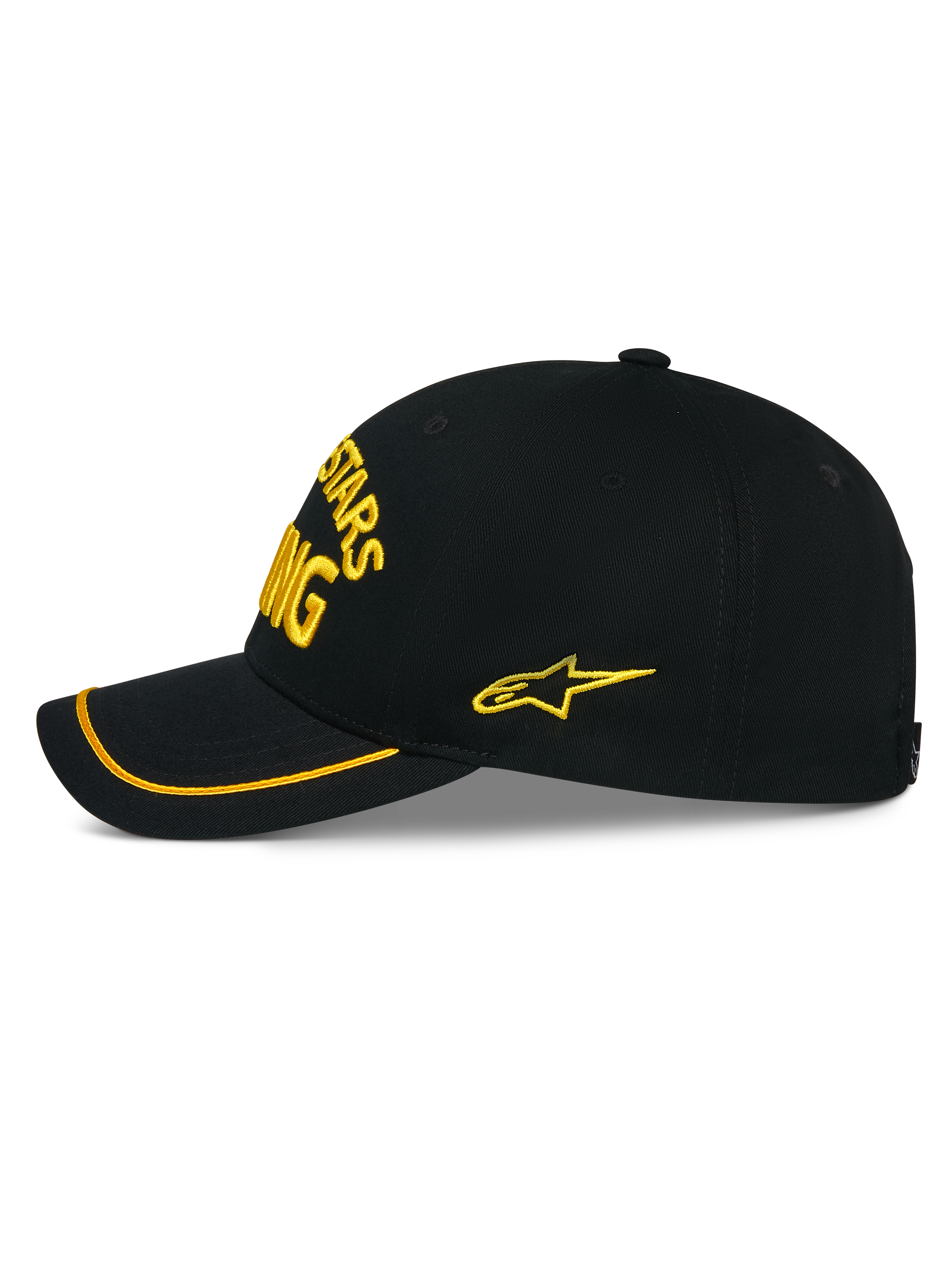 Casquette Luminary Alpinestars, casquette snapback noire vue de profil, broderie 3D jaune sur le devant et le côté, visière incurvée avec finition sutache jaune, construction en sergé de coton structuré