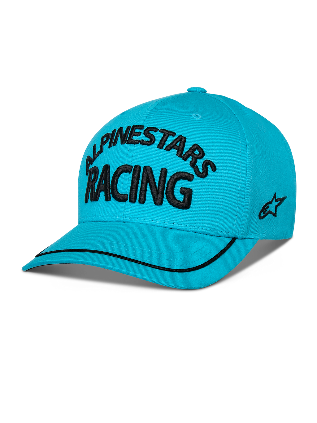 Casquette Luminary Alpinestars, snapback à visière incurvée, bleu aqua, avec texte 'ALPINESTARS RACING' brodé en 3D noir, logo brodé plat sur le côté et finition sutache noire sur la visière, couvre-chef décontracté inspiré du sport automobile.
