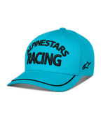 Casquette Luminary Alpinestars, snapback à visière incurvée, bleu aqua, avec texte 'ALPINESTARS RACING' brodé en 3D noir, logo brodé plat sur le côté et finition sutache noire sur la visière, couvre-chef décontracté inspiré du sport automobile.