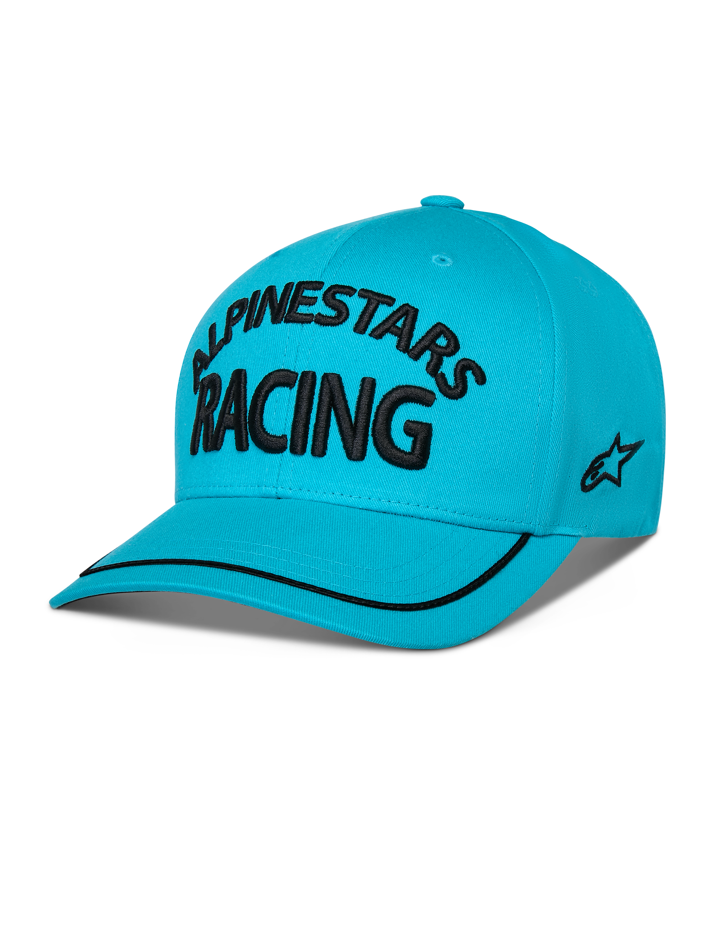 Casquette Luminary Alpinestars, snapback à visière incurvée, bleu aqua, avec texte 'ALPINESTARS RACING' brodé en 3D noir, logo brodé plat sur le côté et finition sutache noire sur la visière, couvre-chef décontracté inspiré du sport automobile.