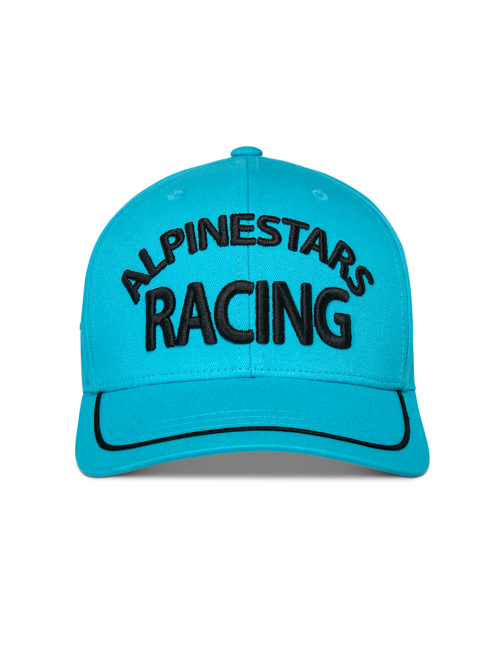 Casquette Luminary Alpinestars, Bleu Aqua, vue de face d'une casquette snapback à visière incurvée, logo Alpinestars Racing noir brodé en 3D, finition sutache noire sur la visière, couronne structurée, style sportswear décontracté