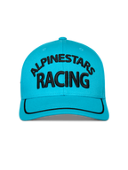 Casquette Luminary Alpinestars, Bleu Aqua, vue de face d'une casquette snapback à visière incurvée, logo Alpinestars Racing noir brodé en 3D, finition sutache noire sur la visière, couronne structurée, style sportswear décontracté