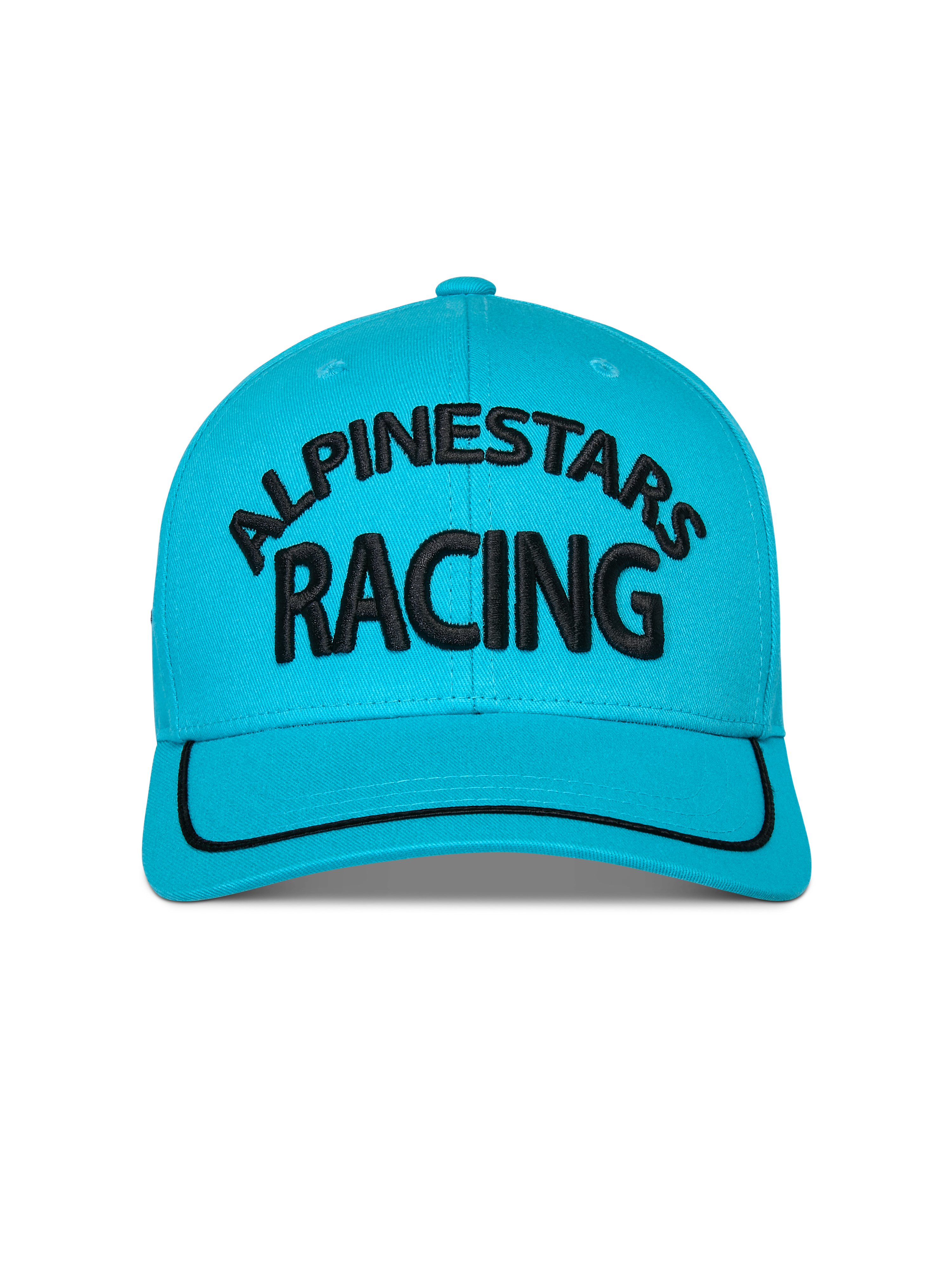 Casquette Luminary Alpinestars, Bleu Aqua, vue de face d'une casquette snapback à visière incurvée, logo Alpinestars Racing noir brodé en 3D, finition sutache noire sur la visière, couronne structurée, style sportswear décontracté