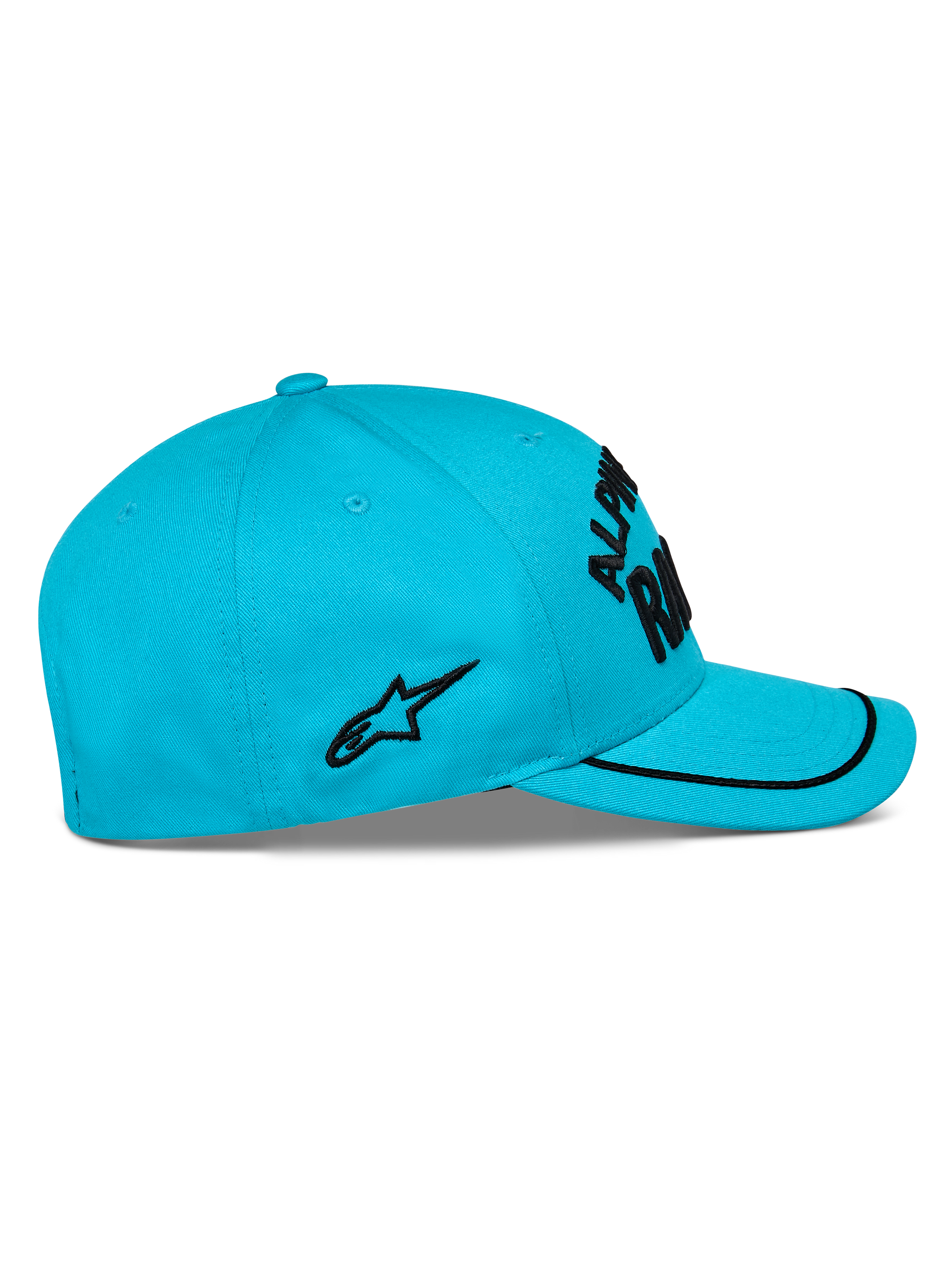 Casquette Alpinestars Luminary, bleu aqua, vue de profil, visière incurvée avec finition sutache noire, logo noir brodé à plat sur le côté, couronne structurée, couvre-chef décontracté de style sport automobile