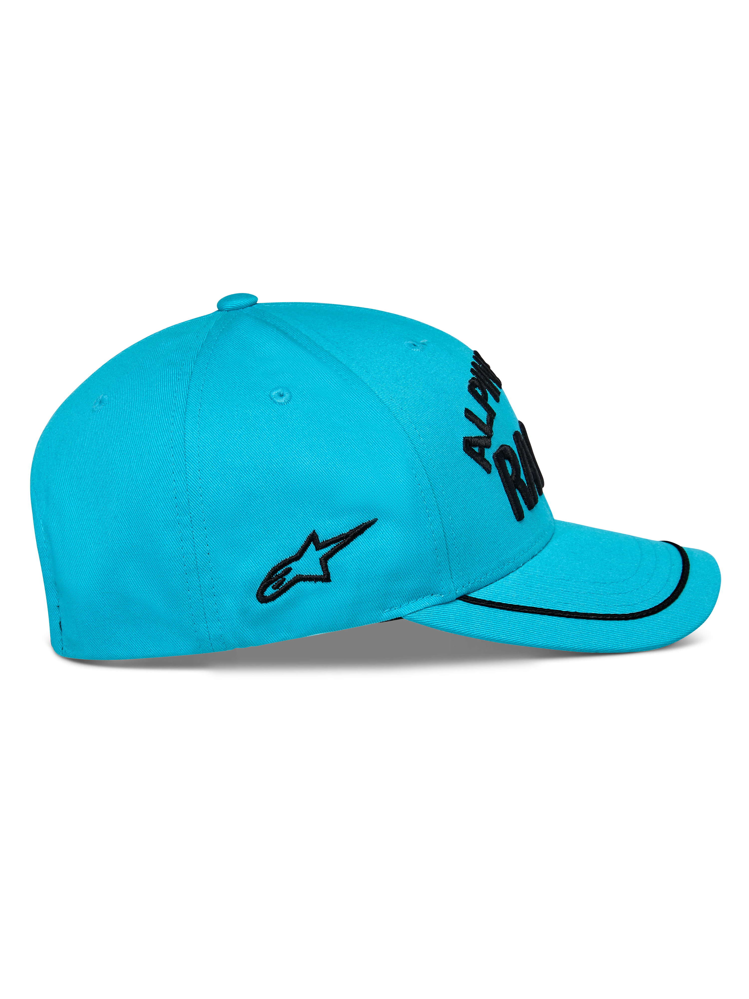 Casquette Alpinestars Luminary, bleu aqua, vue de profil, visière incurvée avec finition sutache noire, logo noir brodé à plat sur le côté, couronne structurée, couvre-chef décontracté de style sport automobile