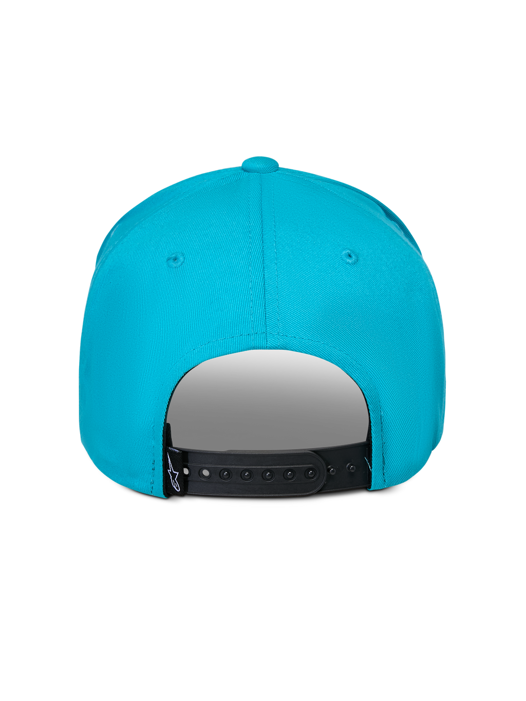 Casquette Luminary Alpinestars, bleu aqua, vue arrière montrant la fermeture à pression réglable noire, petite étiquette logo noire, sergé 100 % coton, couvre-chef sportswear décontracté
