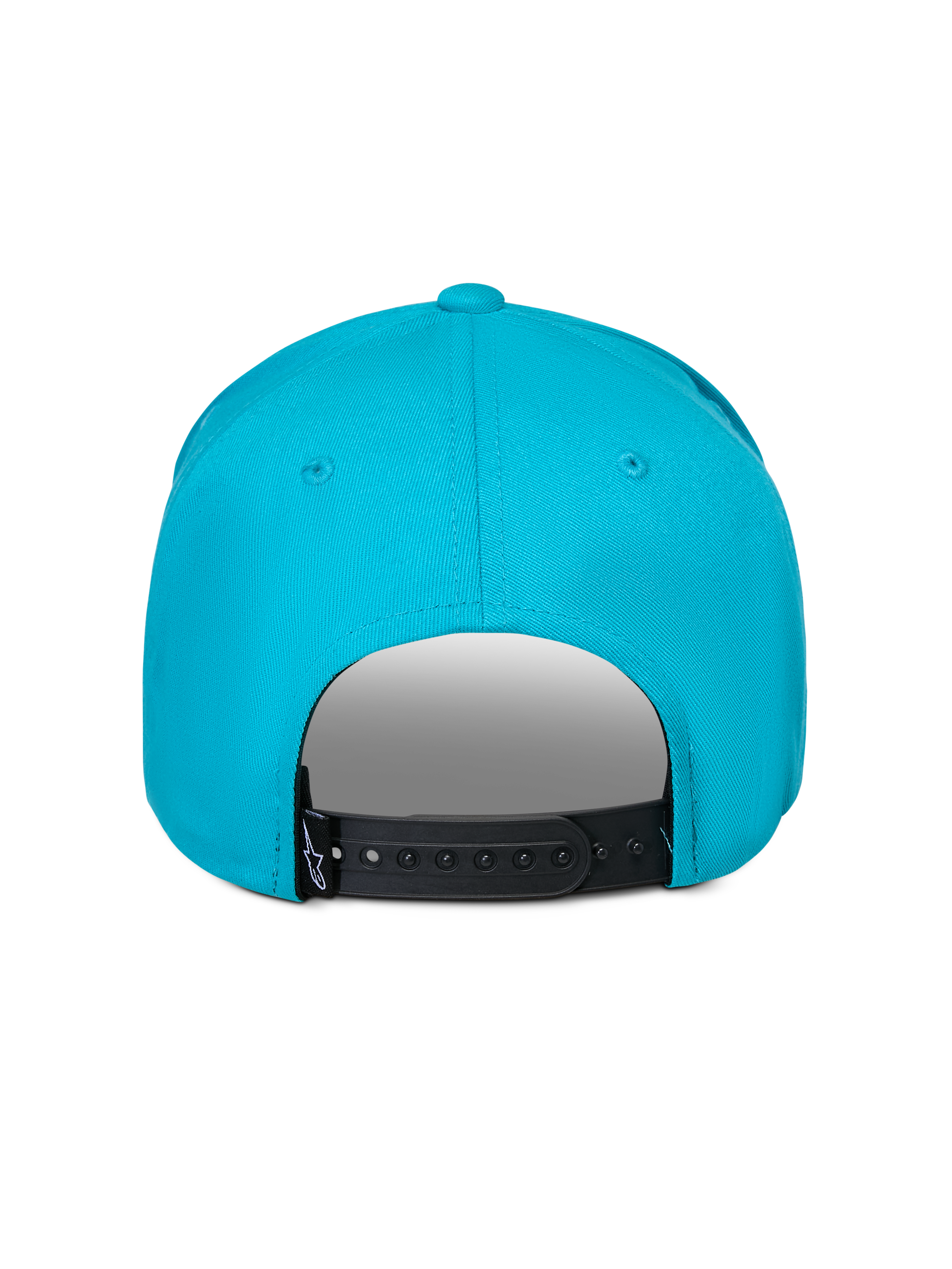 Casquette Luminary Alpinestars, bleu aqua, vue arrière montrant la fermeture à pression réglable noire, petite étiquette logo noire, sergé 100 % coton, couvre-chef sportswear décontracté