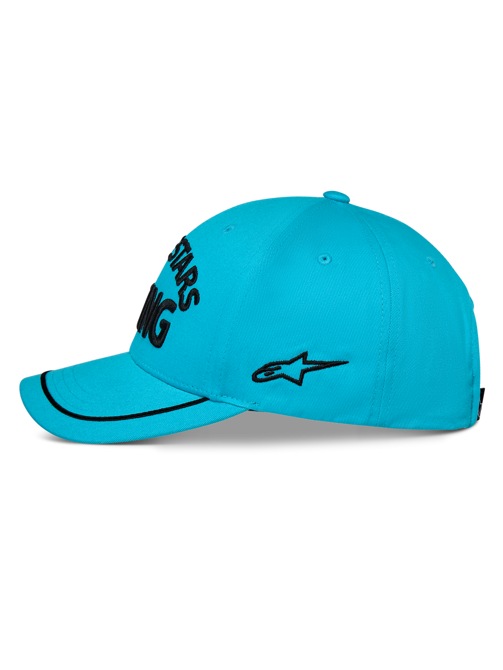 Casquette Luminary Alpinestars, casquette de baseball bleu aqua, vue de profil, visière incurvée avec finition sutache noire, logo latéral brodé noir, couronne structurée, sportswear décontracté