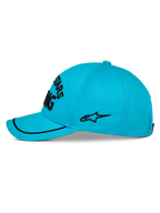 Casquette Luminary Alpinestars, casquette de baseball bleu aqua, vue de profil, visière incurvée avec finition sutache noire, logo latéral brodé noir, couronne structurée, sportswear décontracté