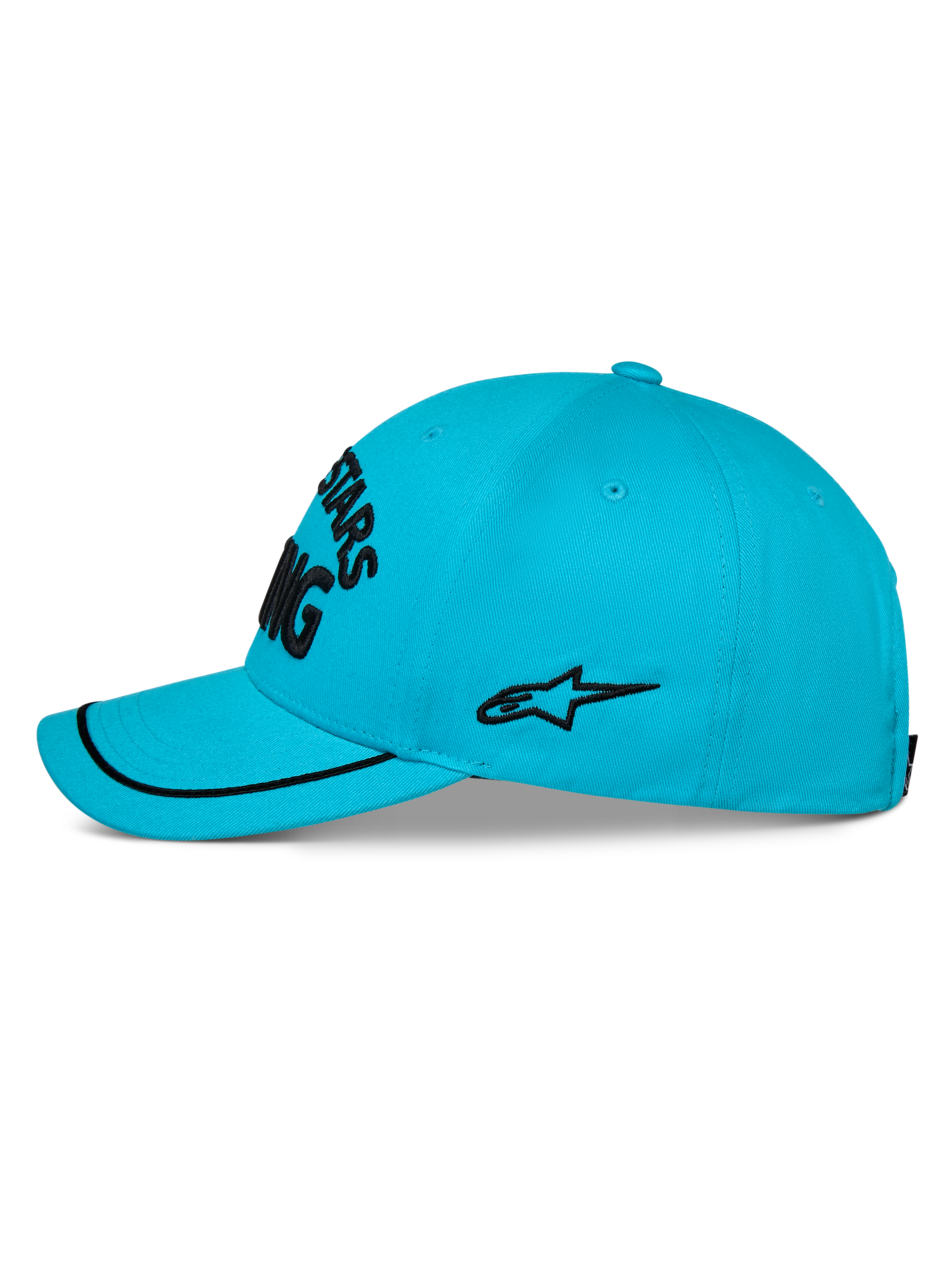 Casquette Luminary Alpinestars, casquette de baseball bleu aqua, vue de profil, visière incurvée avec finition sutache noire, logo latéral brodé noir, couronne structurée, sportswear décontracté