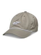 Casquette Alpinestars Tyler, casquette de baseball kaki, avec logo blanc brodé en 3D et bordure en corde tressée blanche, couronne basse non structurée avec visière courbée, et construction en sergé recyclé à six panneaux avec œillets d'aération.