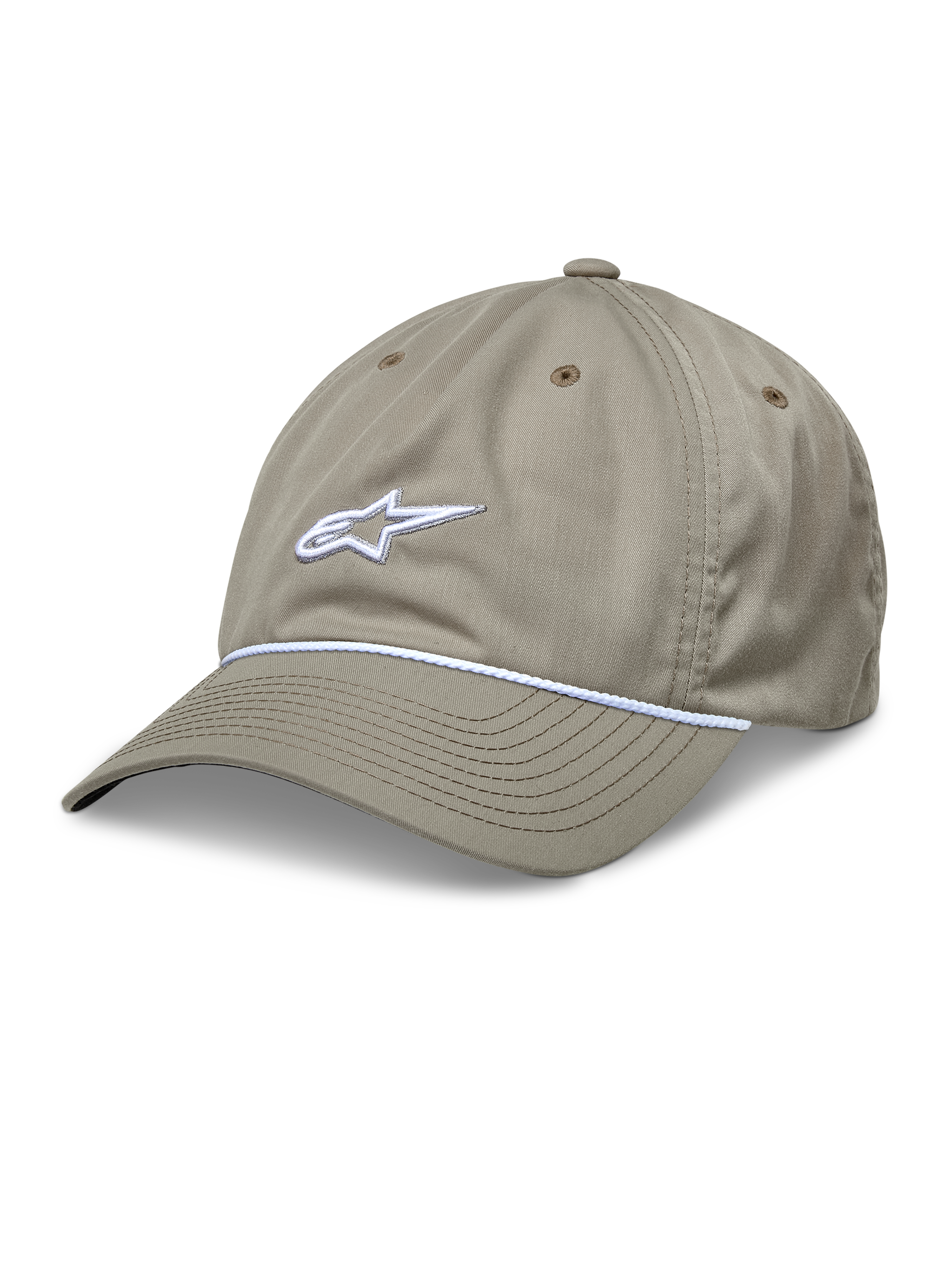 Casquette Alpinestars Tyler, casquette de baseball kaki, avec logo blanc brodé en 3D et bordure en corde tressée blanche, couronne basse non structurée avec visière courbée, et construction en sergé recyclé à six panneaux avec œillets d'aération.
