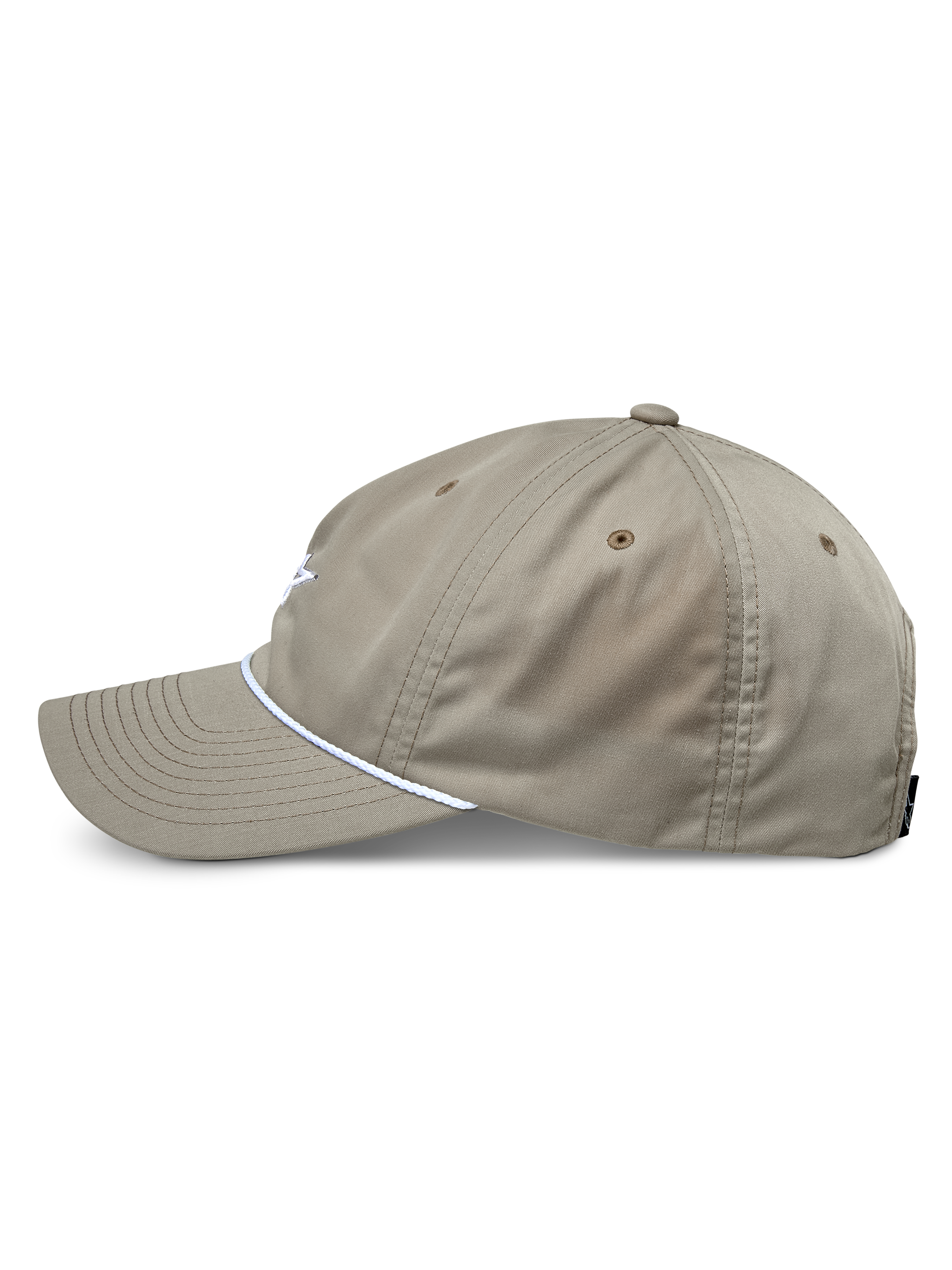 Casquette Alpinestars Tyler, kaki, vue de profil montrant la visière courbée et la garniture en corde tressée blanche, casquette à couronne basse non structurée, sportswear décontracté