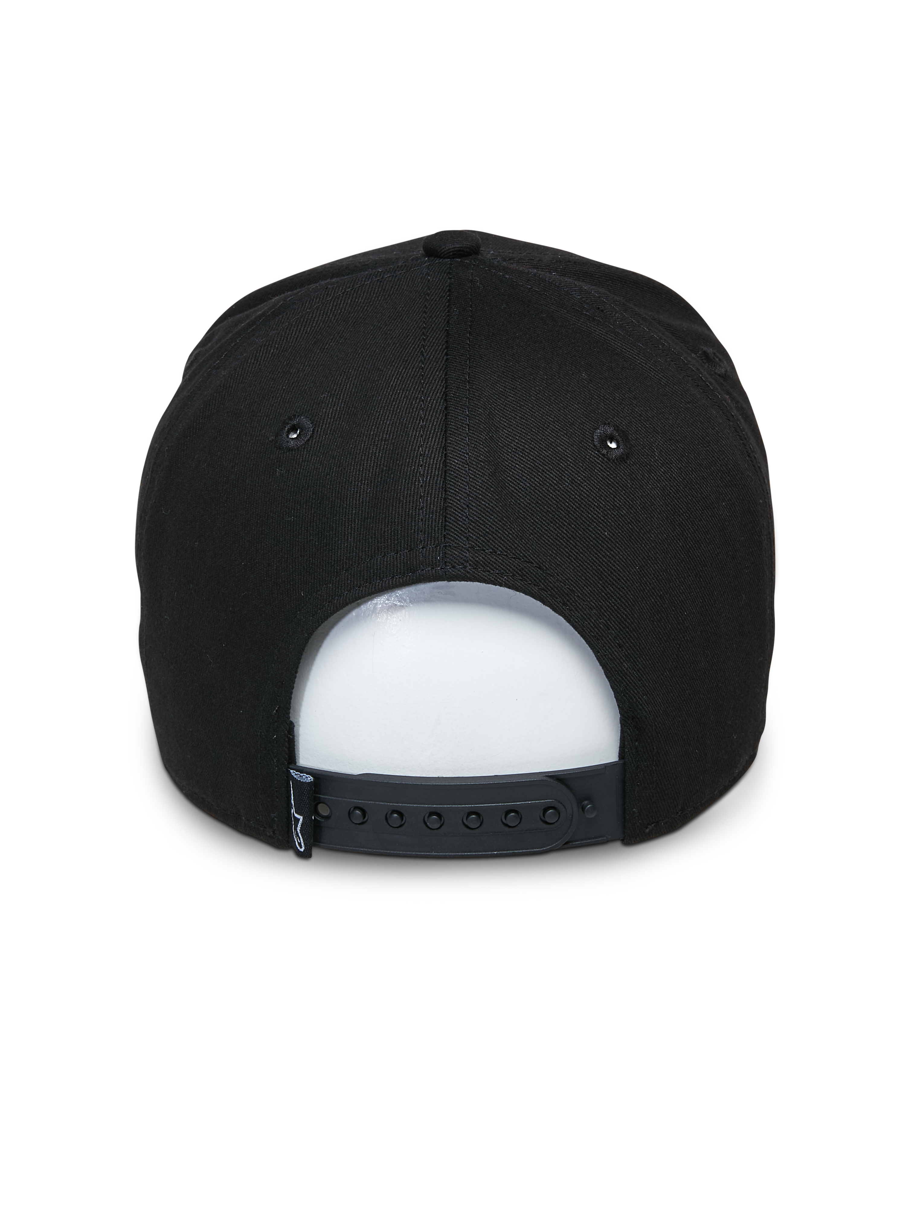 Alpinestars Committed Hat, Black Snapback Hat, back view featuring adjustable snap closure and small woven label, structured crown, casual motorsport-inspired headwear