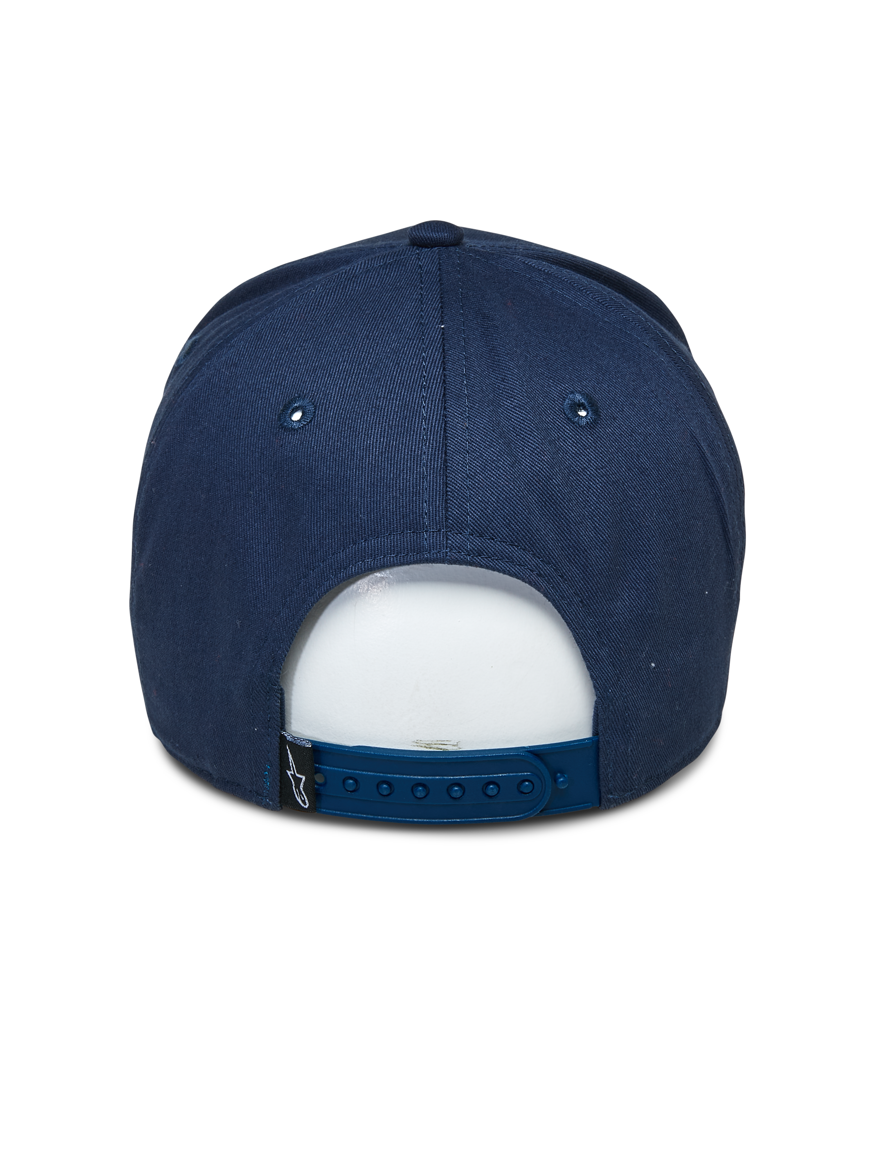 Alpinestars Committed Hat, Navy Blue, Snapback Baseball Cap, Rear View, featuring adjustable plastic closure and small black logo tag, casual motorsport-inspired headwear