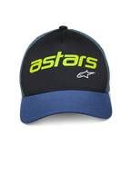 Alpinestars Vital Trucker Hat, Casual Trucker Cap, Black and Blue with Green mesh back, featuring lime green 'astars' text and white A-star logo, curved bill and structured crown