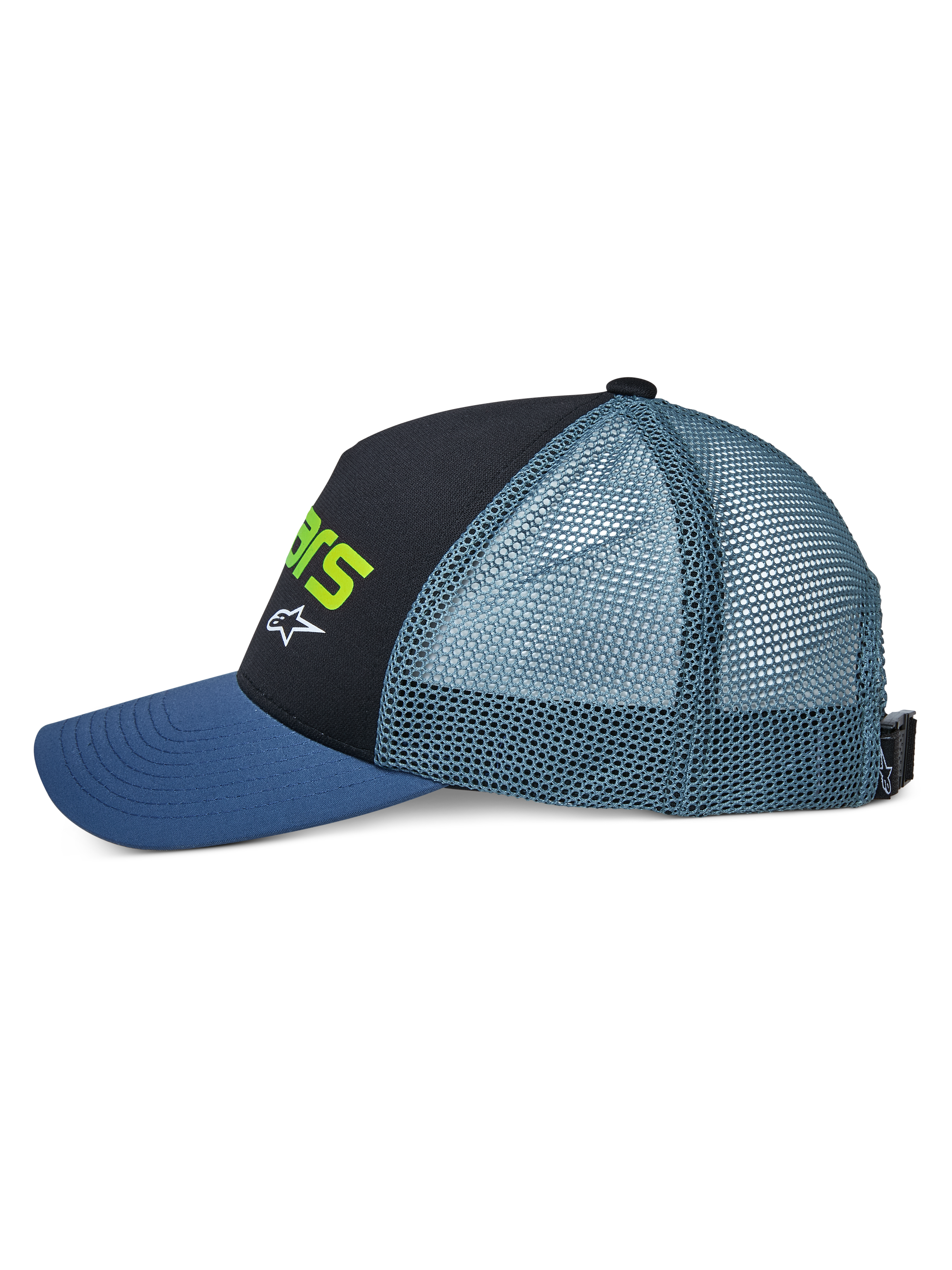 Alpinestars Vital Trucker Hat, side view, featuring a blue curved bill, black structured front panel with lime green text and white logo, teal mesh back, and adjustable buckle closure, casual motorsport headwear