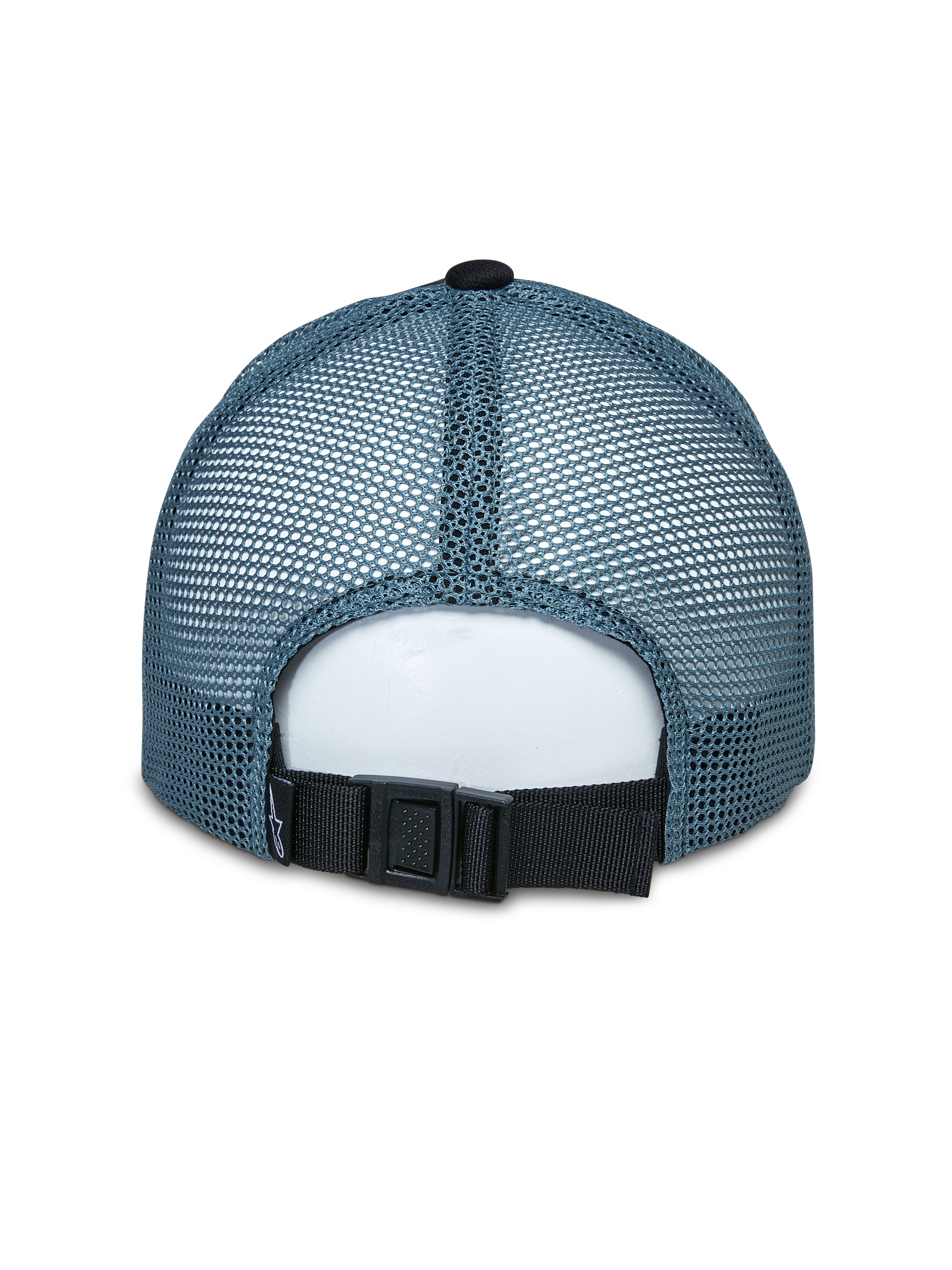 Alpinestars Vital Trucker Hat, rear view, blue mesh back panels, black adjustable buckle strap, structured crown, casual sportswear headwear