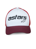 Casquette Trucker Vital Alpinestars, blanc, bordeaux et orange, avec panneau avant blanc et logo « astars » noir, visière courbée bordeaux et filet orange, couvre-chef décontracté inspiré du sport automobile
