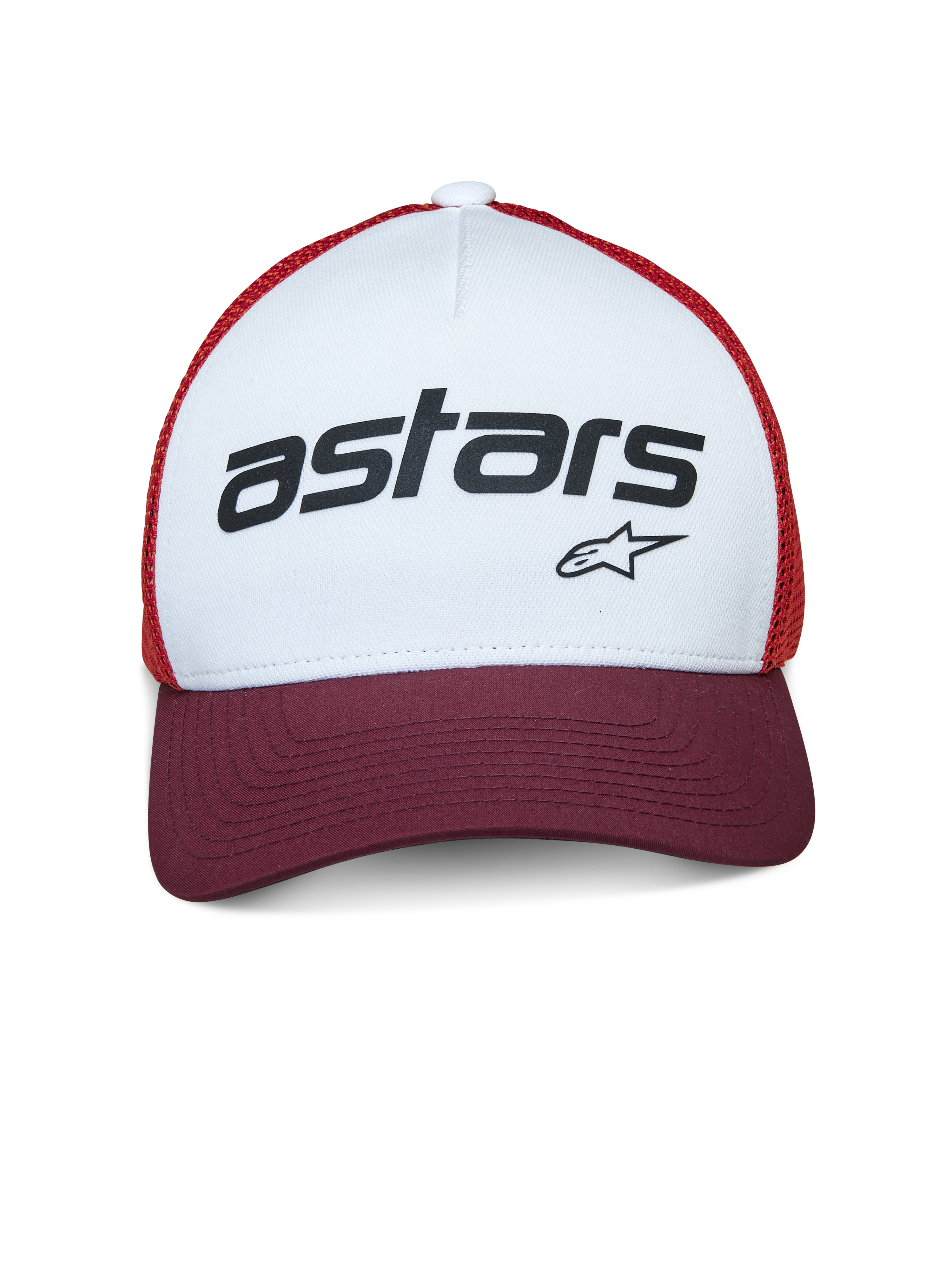Casquette Trucker Vital Alpinestars, blanc, bordeaux et orange, avec panneau avant blanc et logo « astars » noir, visière courbée bordeaux et filet orange, couvre-chef décontracté inspiré du sport automobile