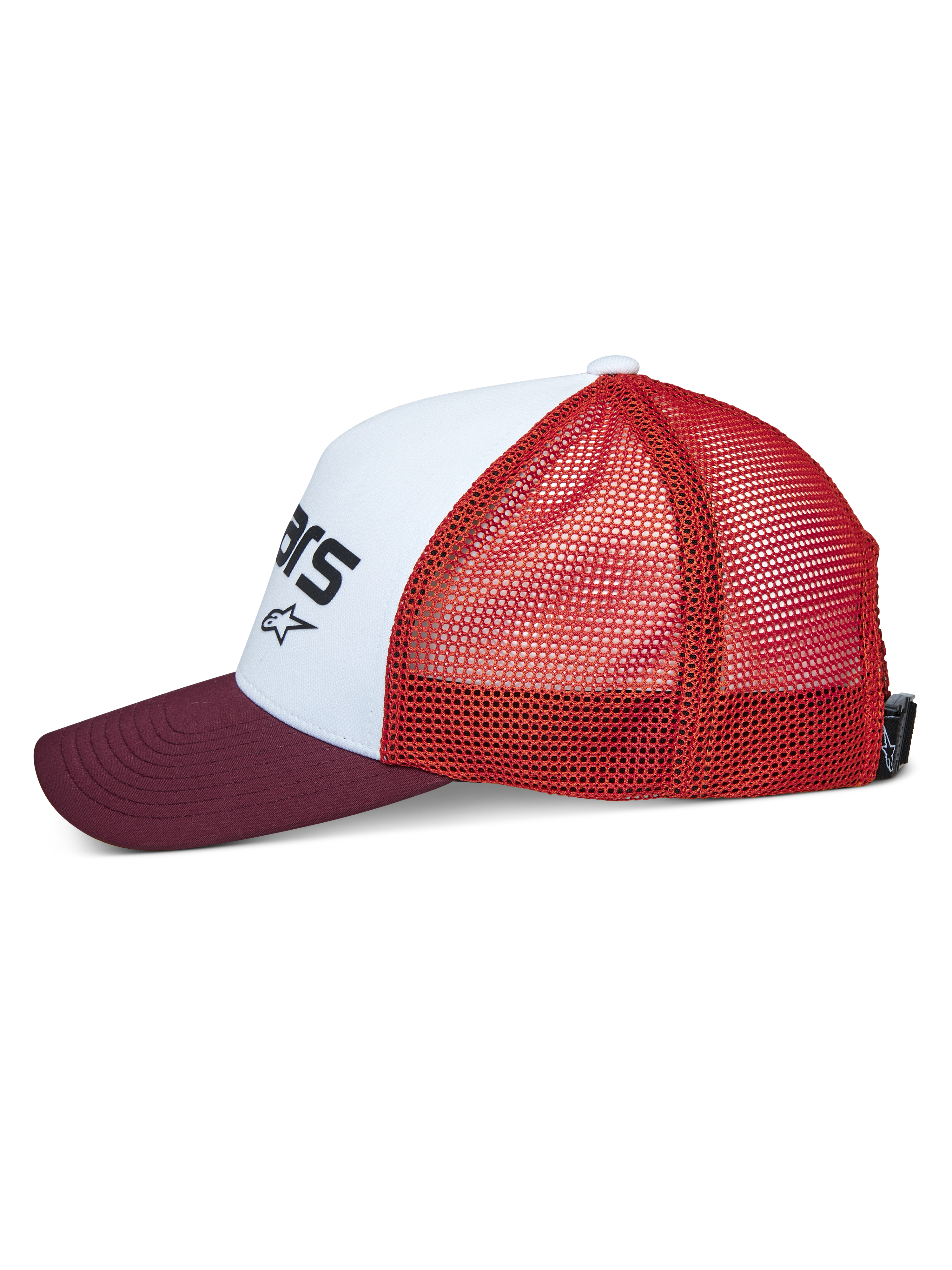 Casquette Trucker Vital Alpinestars, vue de profil, panneau avant structuré blanc avec logo noir, visière courbée bordeaux, arrière en filet orange, couvre-chef sportswear décontracté