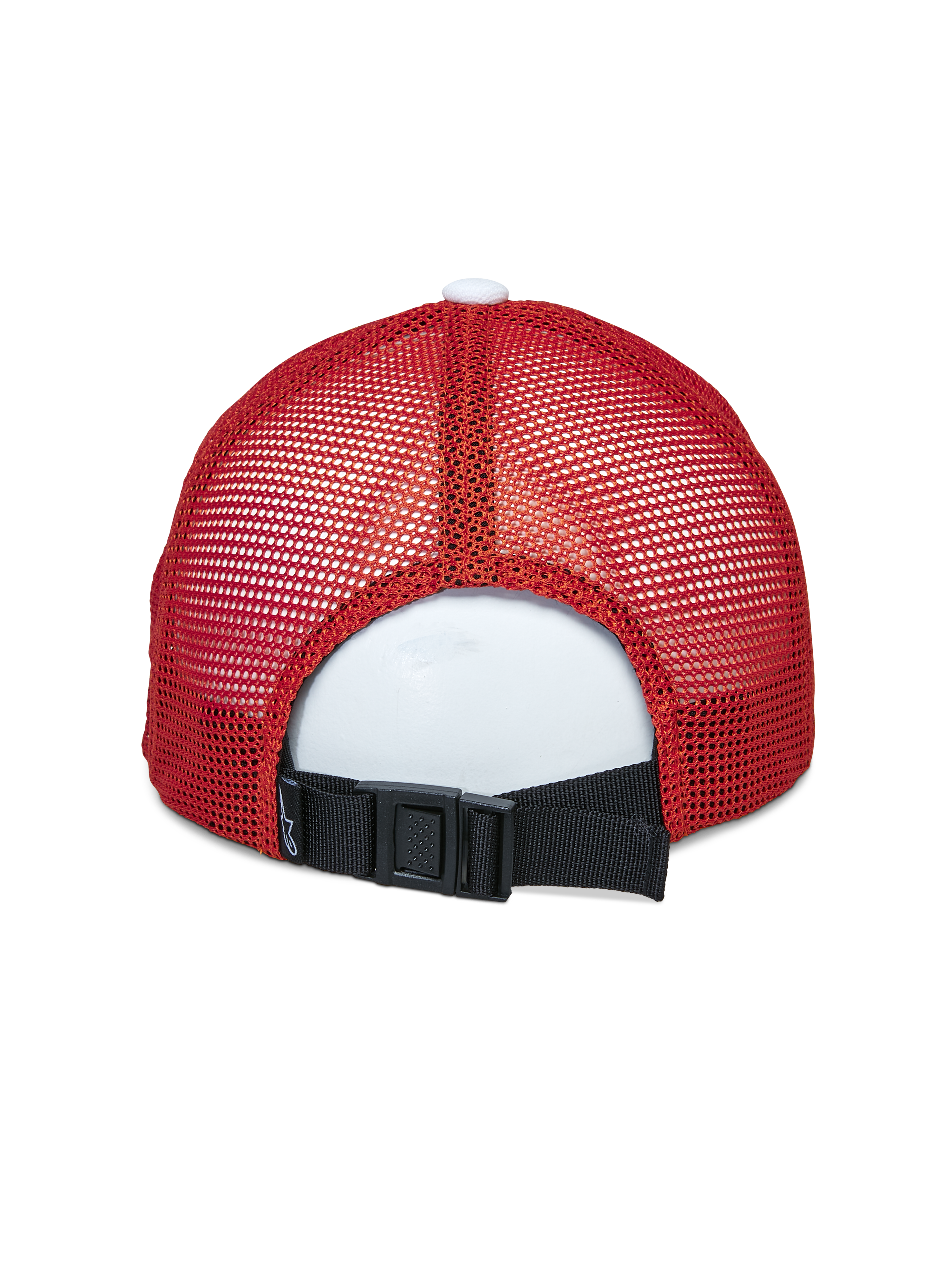 Casquette Trucker Vital Alpinestars, vue arrière, Blanc Marron Orange, avec panneaux en mesh rouge et fermeture réglable à boucle noire à l'arrière, couvre-chef sportswear décontracté