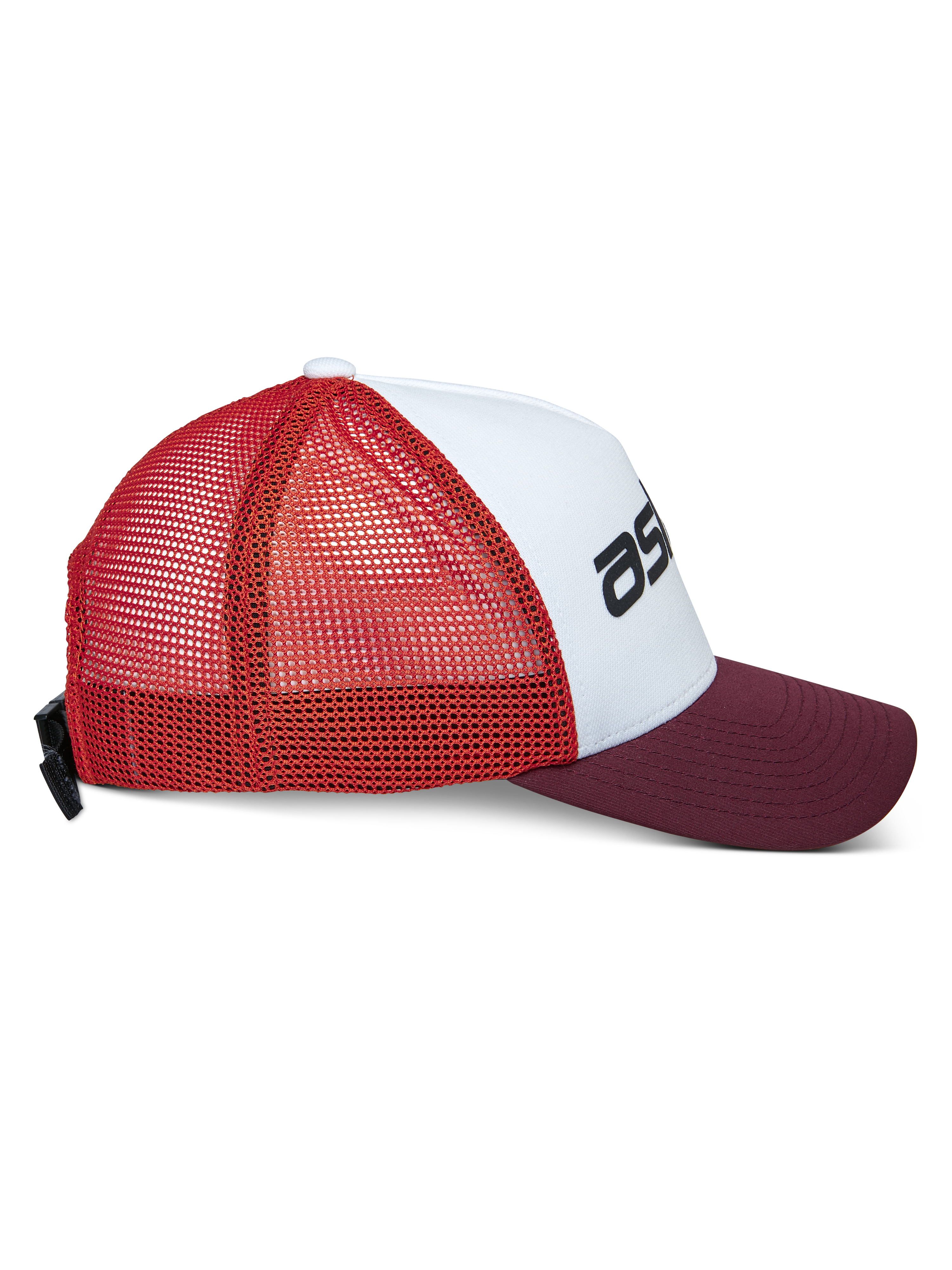 Casquette Trucker Vital Alpinestars, casquette trucker décontractée, blanc, bordeaux et orange, vue de profil avec visière incurvée et dos en filet, fermeture à boucle réglable, couronne structurée avec logo noir