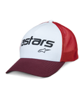 Alpinestars Vital Trucker Hat, panneau avant blanc avec visière courbée bordeaux et arrière en maille rouge, logo texte Astars noir, casquette trucker structurée décontractée avec visière courbée