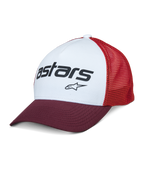 Alpinestars Vital Trucker Hat, panneau avant blanc avec visière courbée bordeaux et arrière en maille rouge, logo texte Astars noir, casquette trucker structurée décontractée avec visière courbée