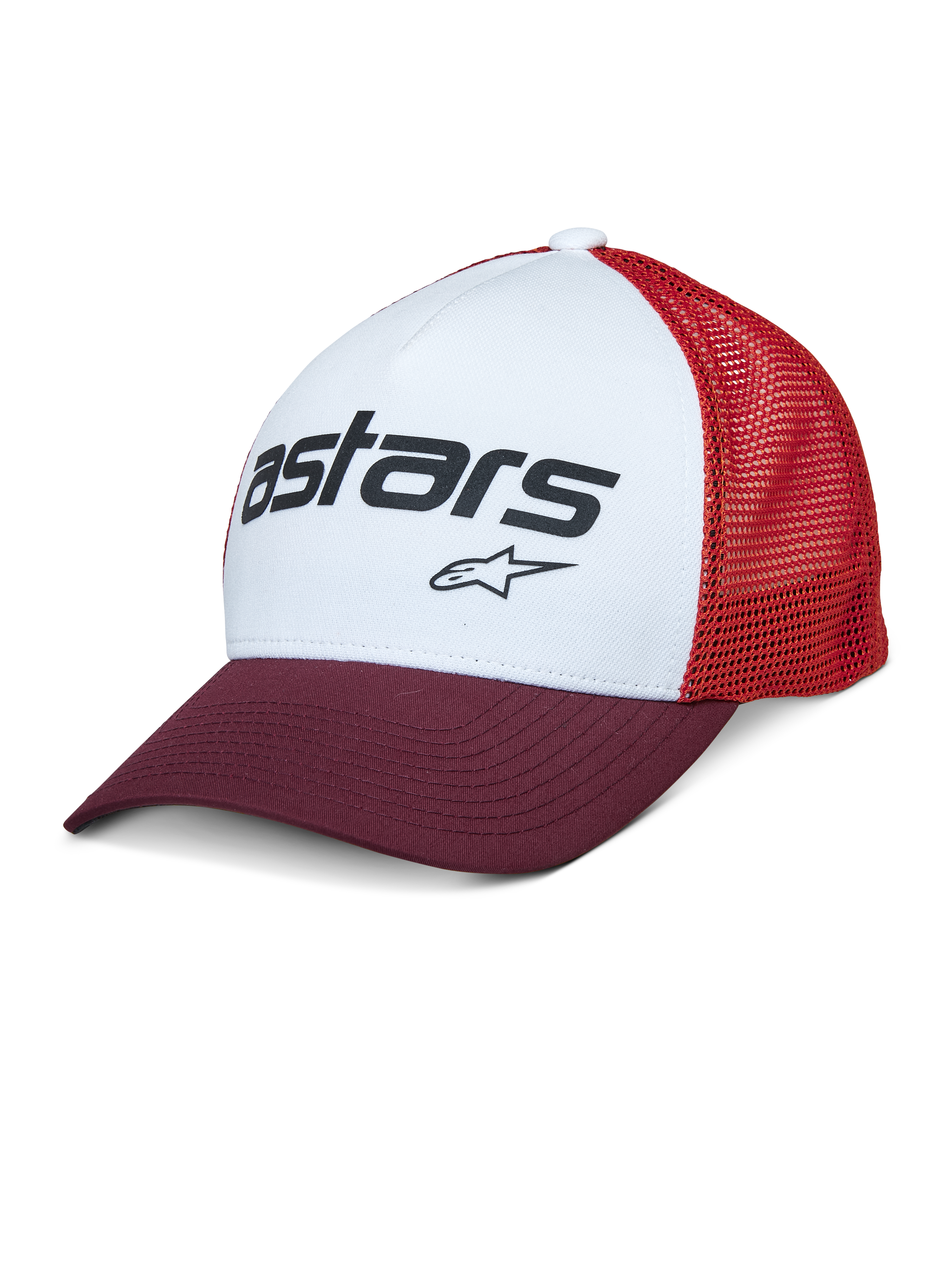 Alpinestars Vital Trucker Hat, panneau avant blanc avec visière courbée bordeaux et arrière en maille rouge, logo texte Astars noir, casquette trucker structurée décontractée avec visière courbée