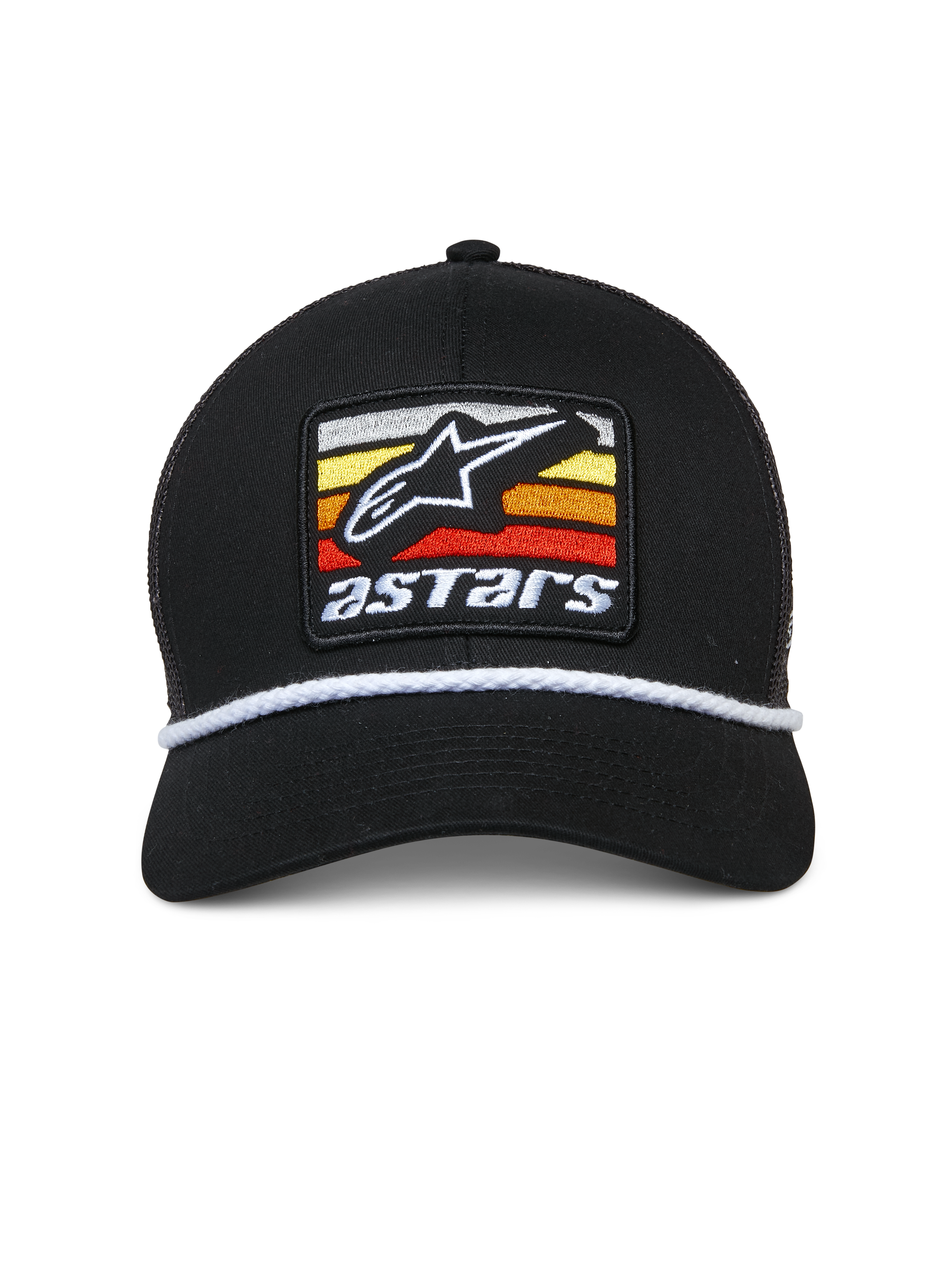 Casquette Trucker Alpinestars Selica, noire, patch brodé à l'avant avec logo Astars blanc et rayures multicolores, finition en corde tressée blanche, visière courbée, calotte structurée, streetwear décontracté inspiré des sports mécaniques