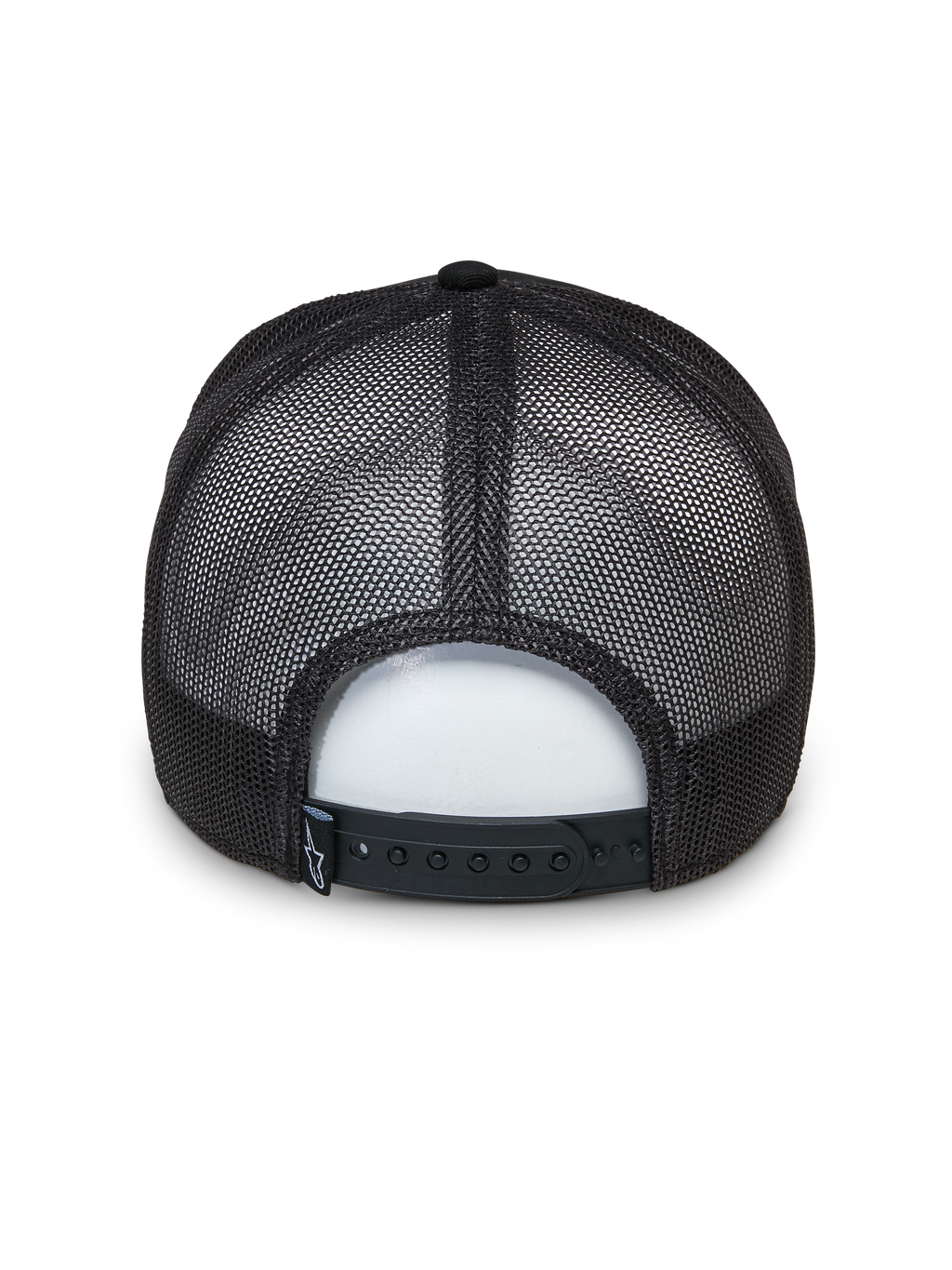 Casquette Trucker Selica Alpinestars, noire, vue arrière présentant des panneaux en mesh respirant et une fermeture snapback réglable, petite étiquette logo tissée, design trucker structuré classique pour une tenue décontractée.
