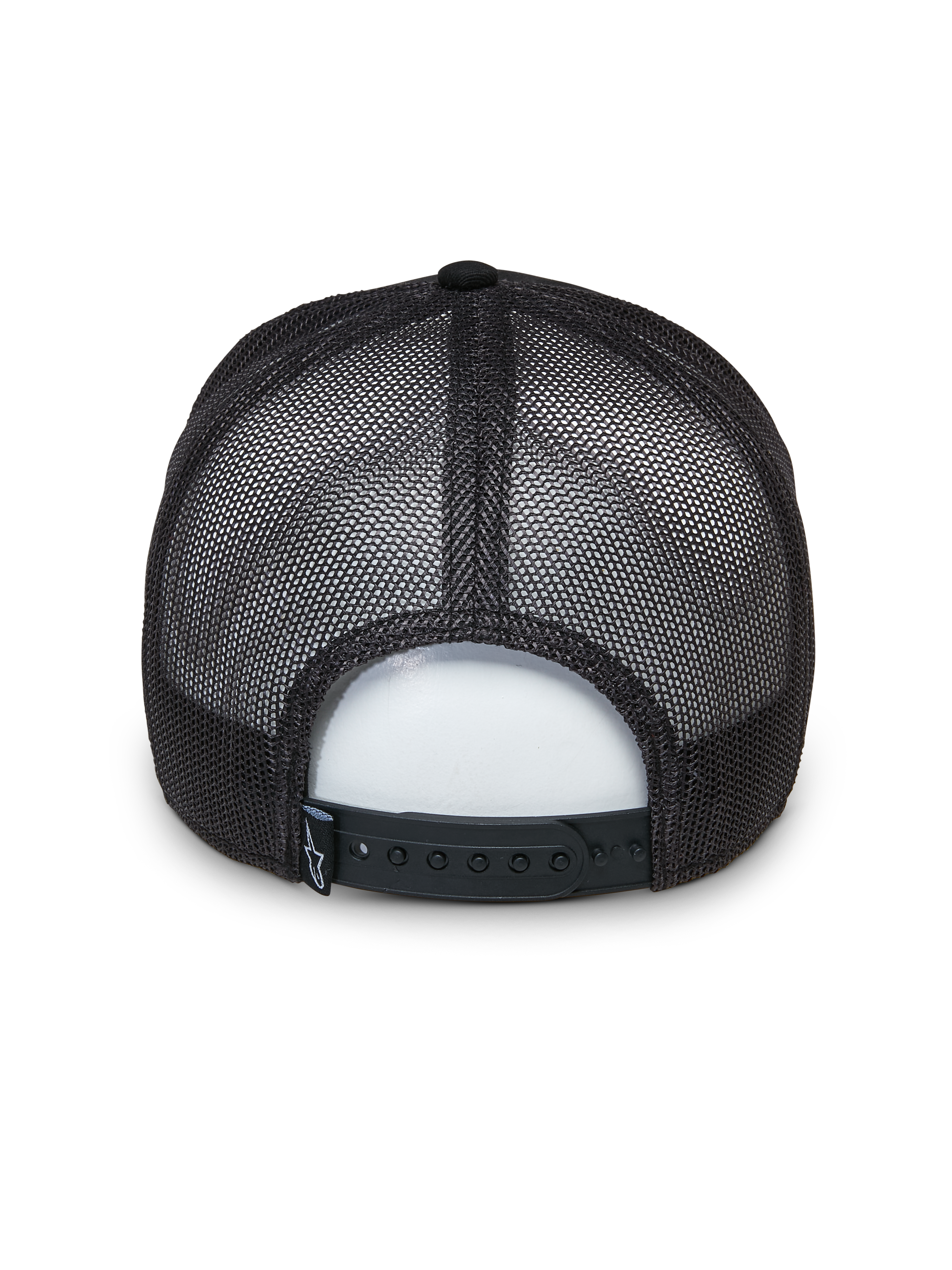 Casquette Trucker Selica Alpinestars, noire, vue arrière présentant des panneaux en mesh respirant et une fermeture snapback réglable, petite étiquette logo tissée, design trucker structuré classique pour une tenue décontractée.