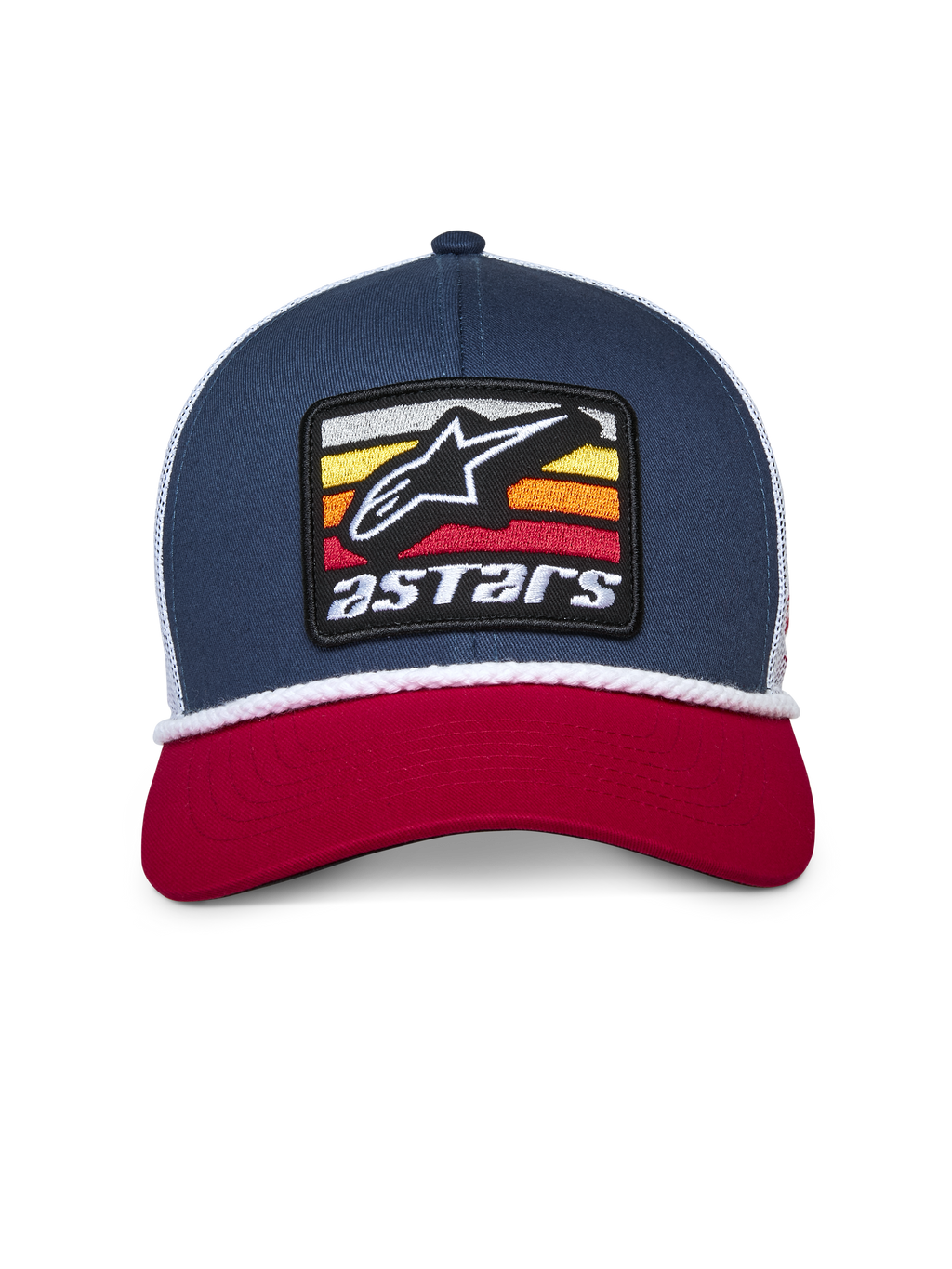 Casquette Trucker Alpinestars Selica, bleu marine, rouge et blanc, visière courbée rouge, calotte structurée bleu marine avec filet blanc à l'arrière, écusson Astars brodé à l'avant avec bordure en cordelette blanche tressée
