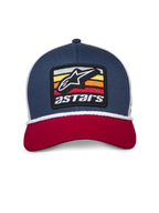 Casquette Trucker Alpinestars Selica, bleu marine, rouge et blanc, visière courbée rouge, calotte structurée bleu marine avec filet blanc à l'arrière, écusson Astars brodé à l'avant avec bordure en cordelette blanche tressée